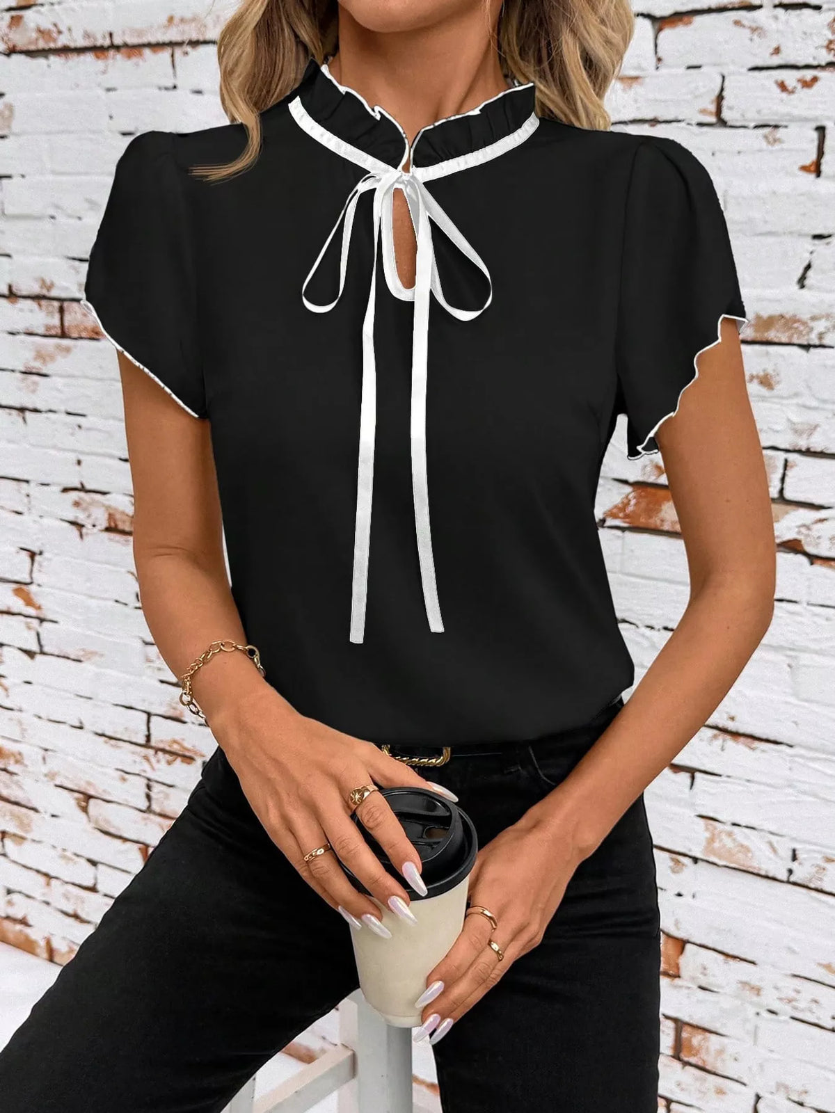 Contrast Trim Ruffle Sleeve Tie-Front Blouse in black and white