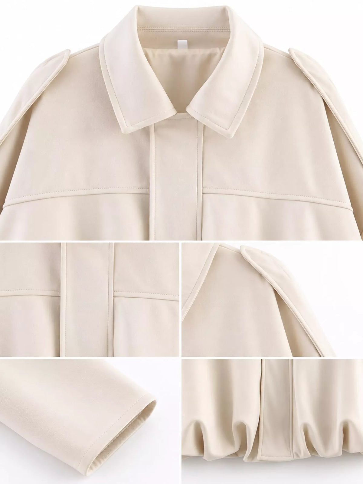 Cream elastic hem batwing sleeve jacket, pointed collar, shoulder tabs, cuff, and gathered hem close-ups
