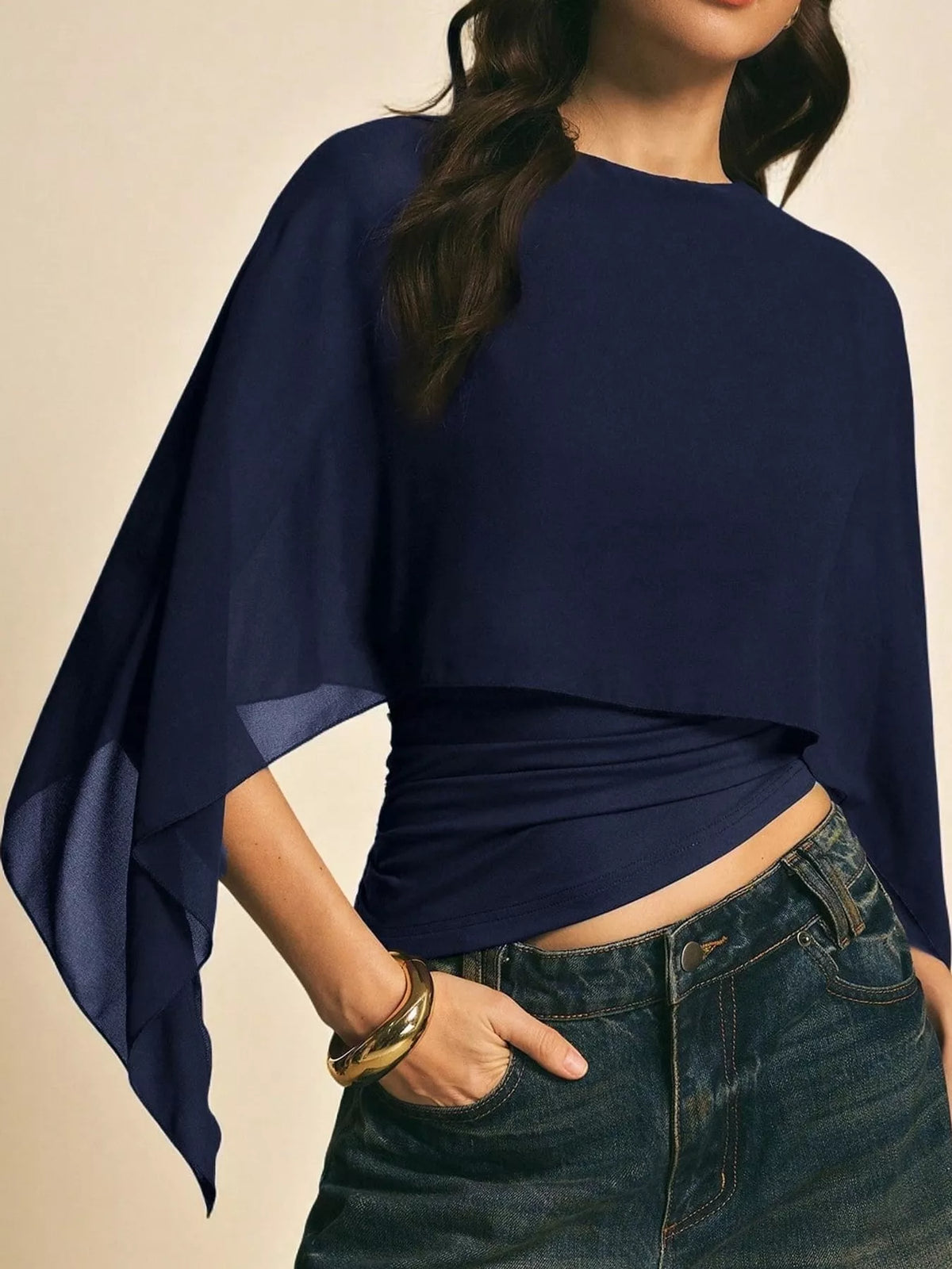 Navy cape sleeve round neck blouse