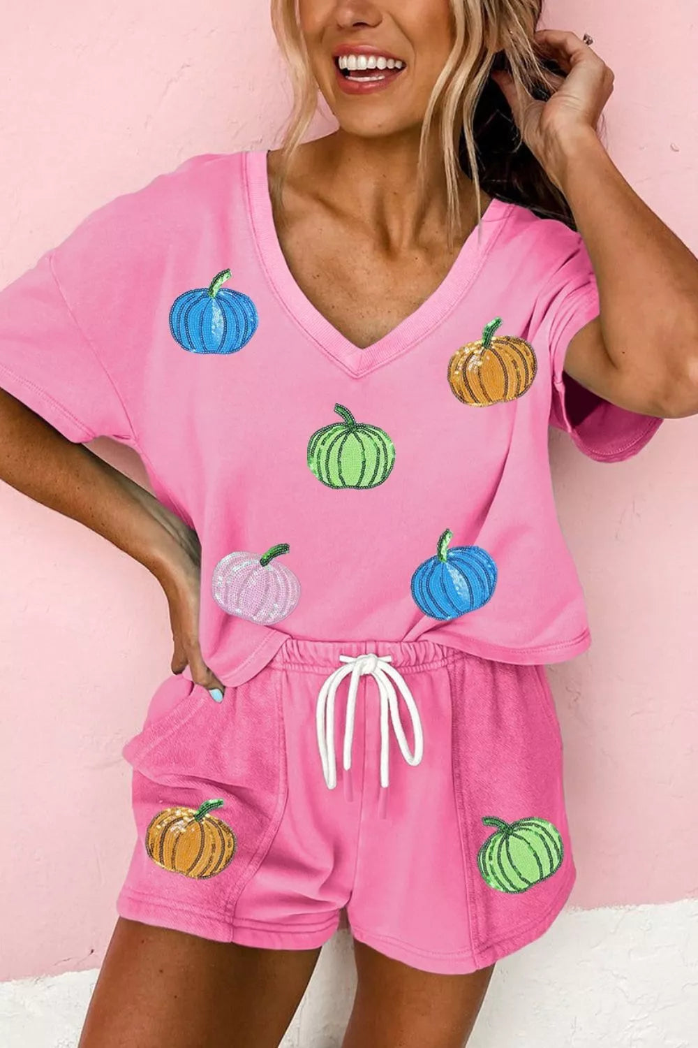 Trendsi Sequin Halloween Pumpkin Pattern V Neck Tee and Drawstring Bottoms Casual Set -