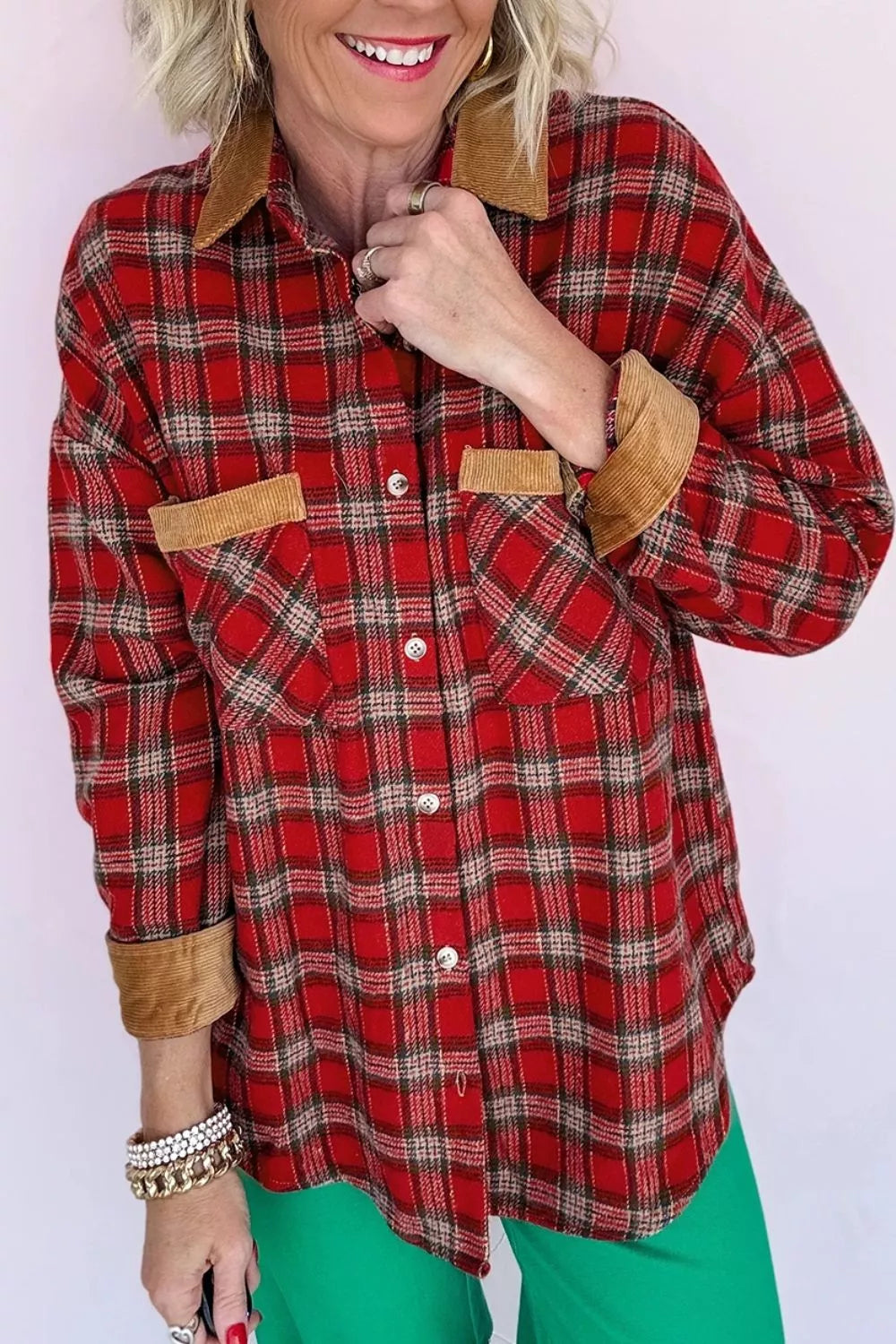 Women's Plaid Corduroy Trim Dropped Shoulder Shacket in Scarlet, detail view