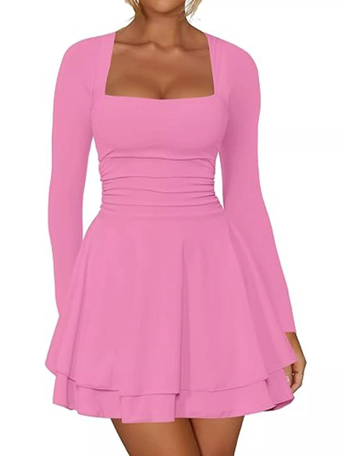 Square neck long sleeve mini dress, front view on model