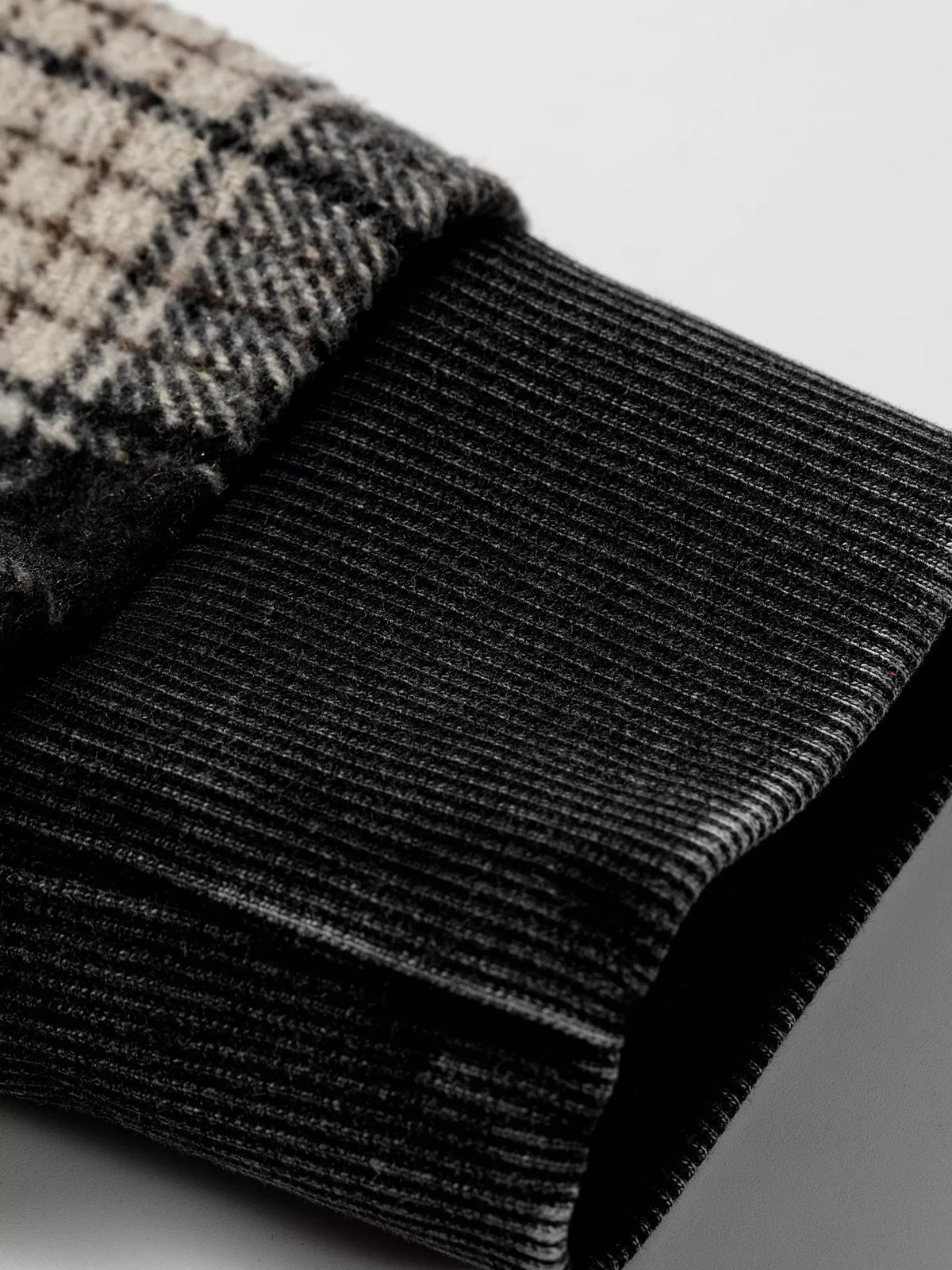Plaid-sleeve hoodie, plaid sleeve cuff close up