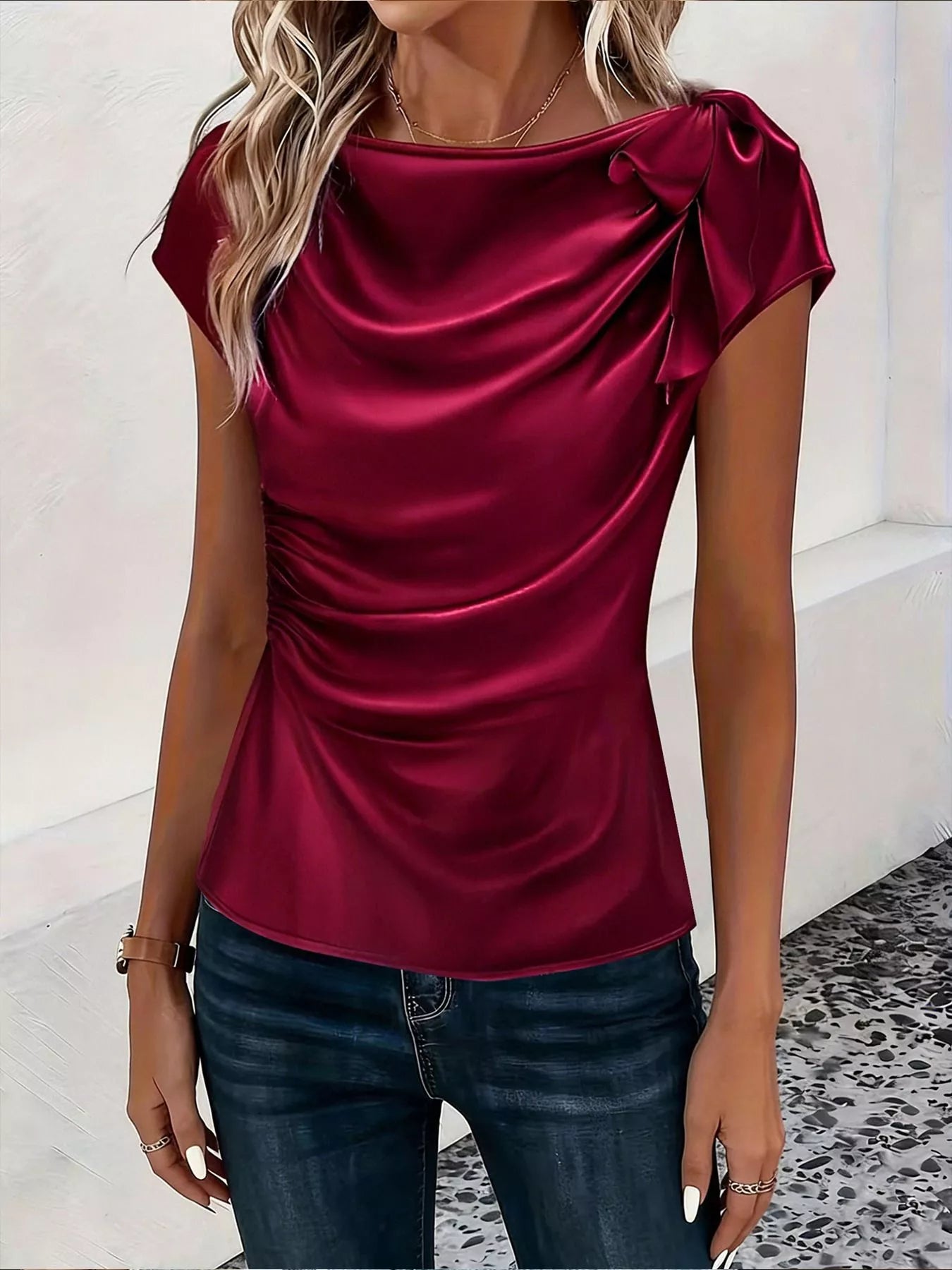 Trendsi Ruched Short Sleeve Satin Top -