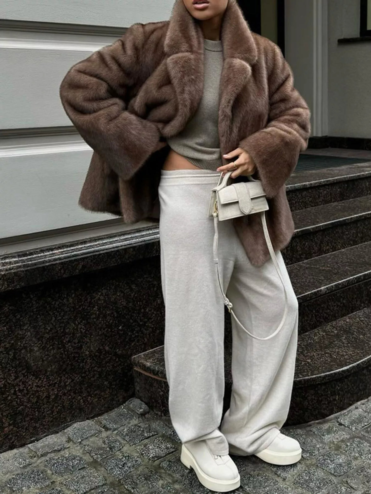 Faux Fur Open Front Coat in brown