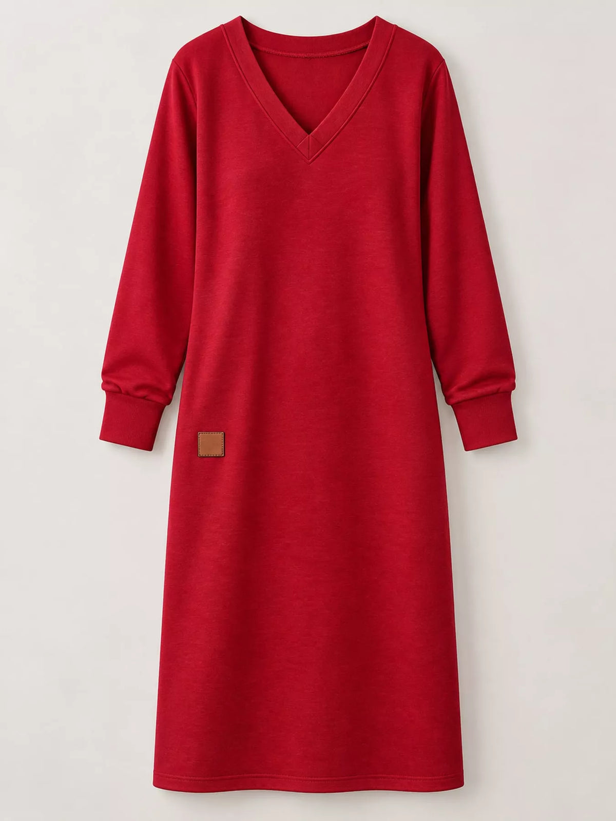 Women's V-Neck Long Sleeve Midi Dress in red — flat lay view