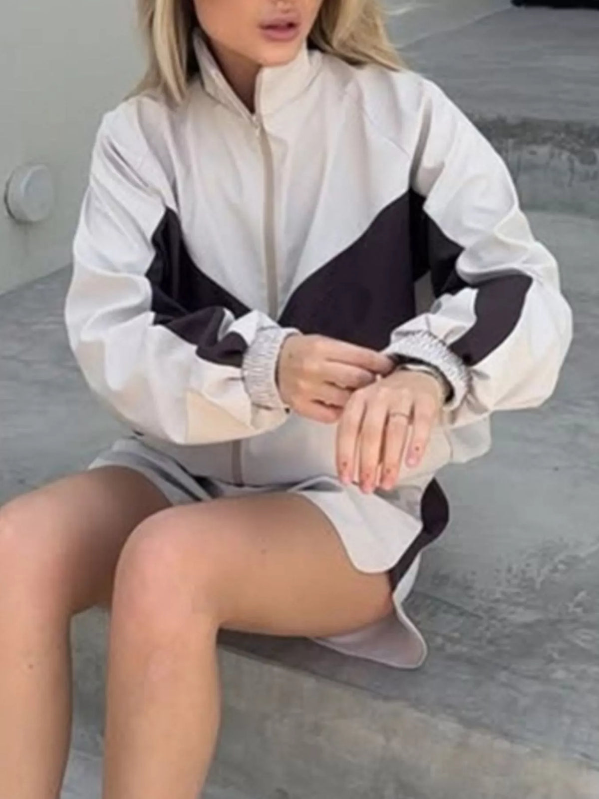 Trendsi Color-Block Zip-Up Jacket and Shorts Set -