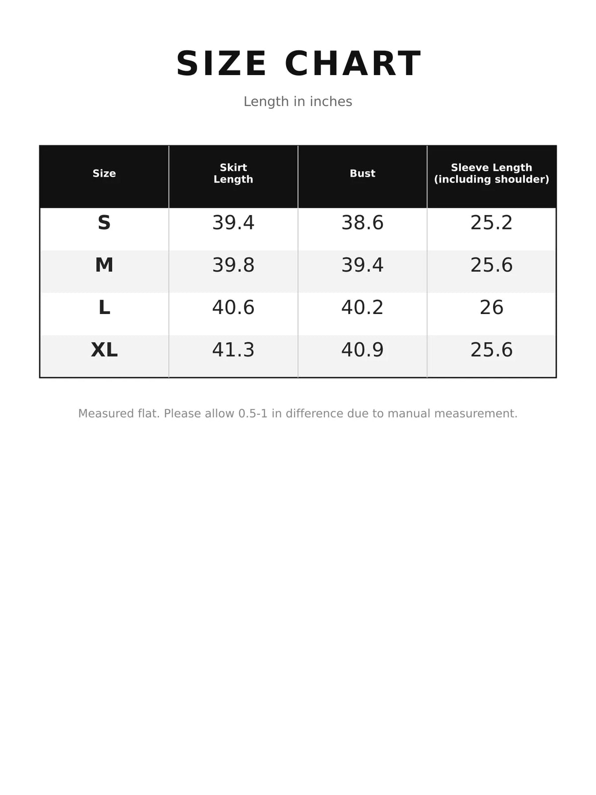 Size chart for turtleneck sweater dress