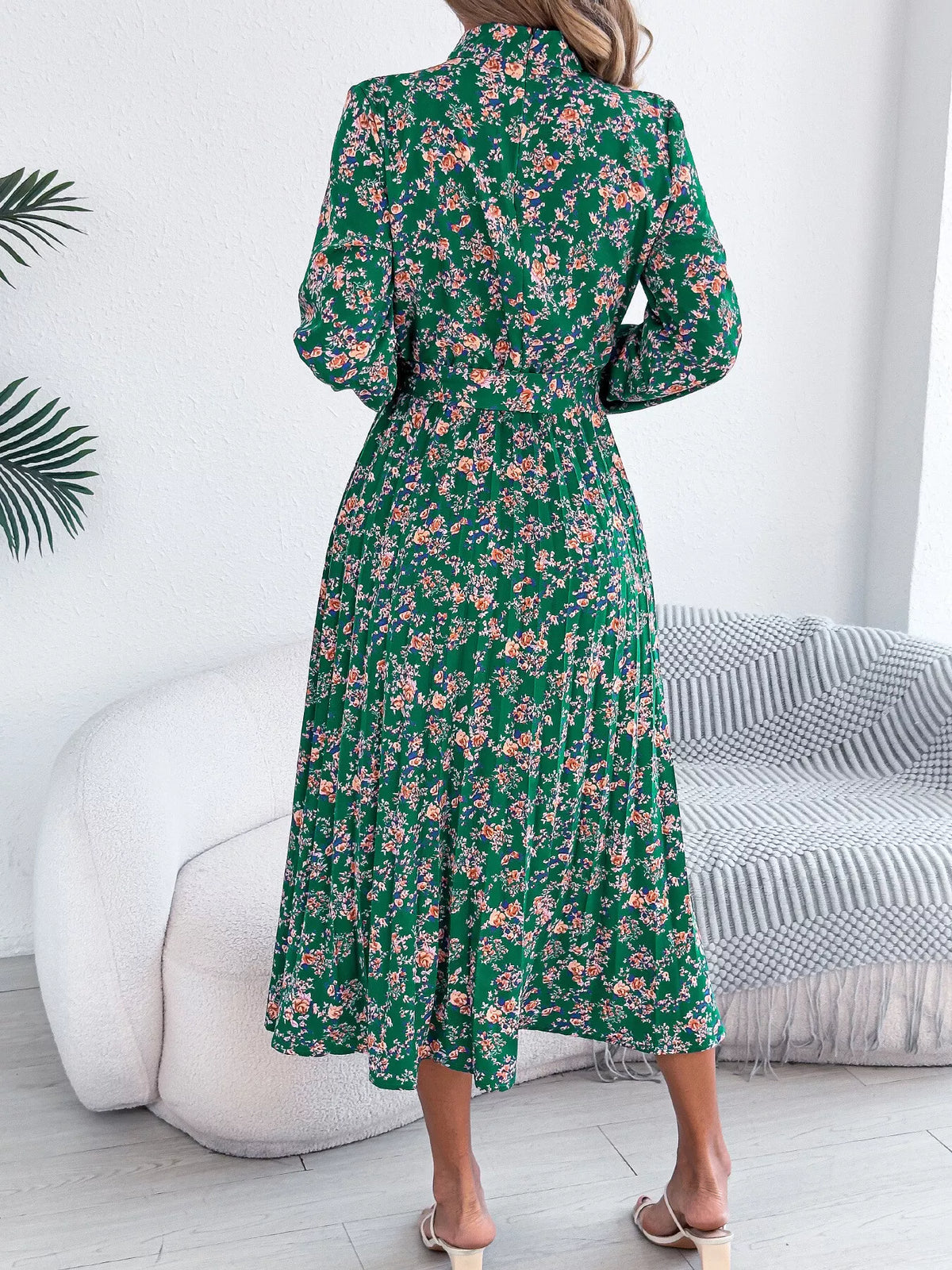 Green floral print long sleeve midi dress, back view