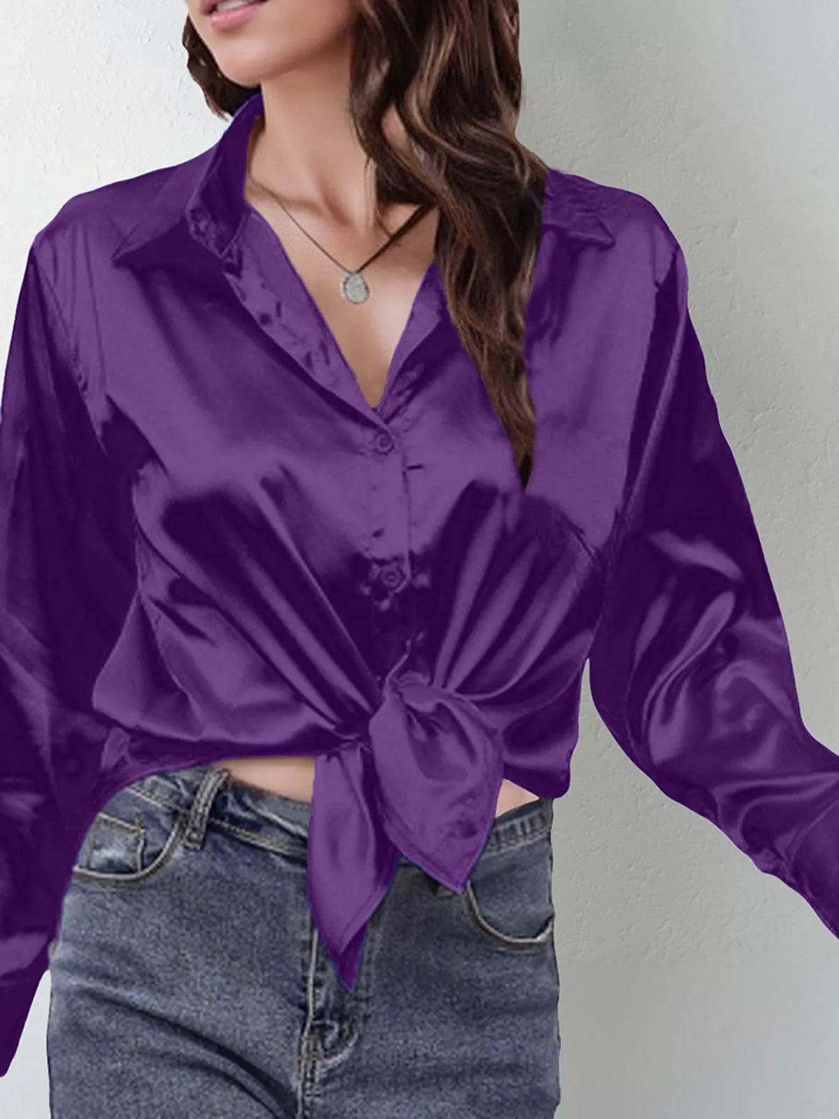 Purple satin button-down long sleeve shirt
