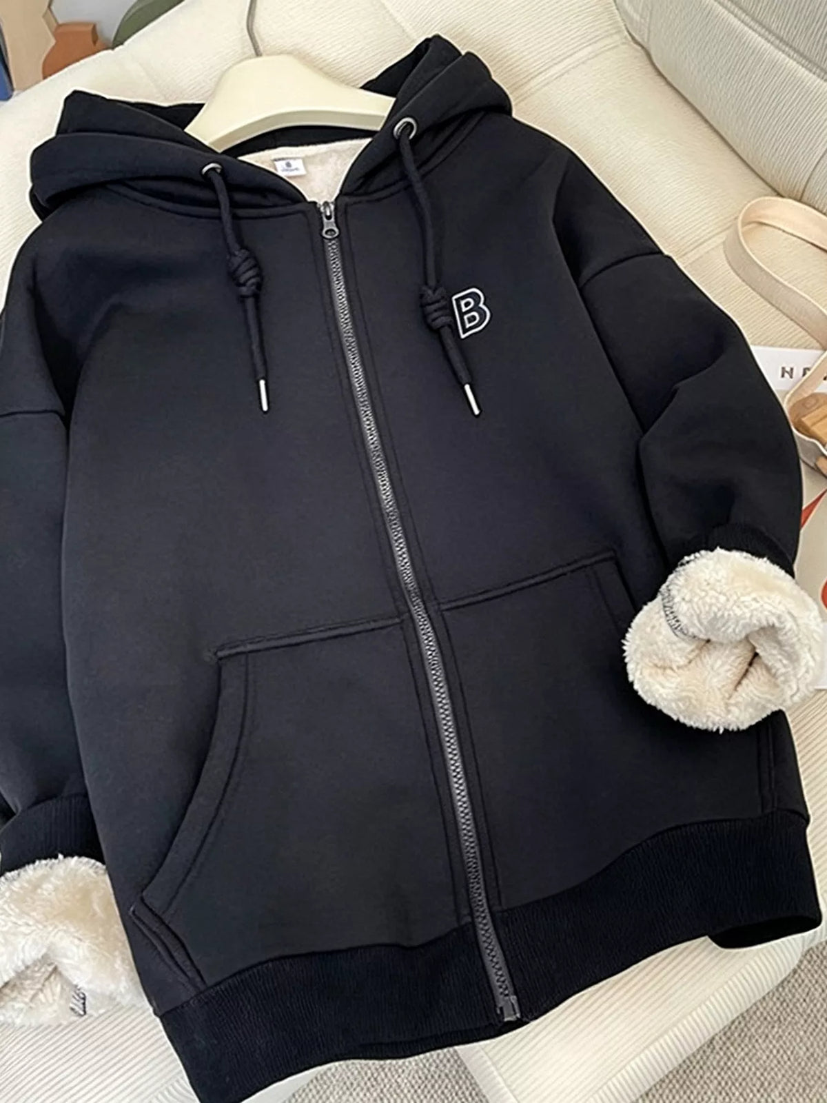 Black Fleece-Lined Zip-Up Hoodie zip-front flat-lay view