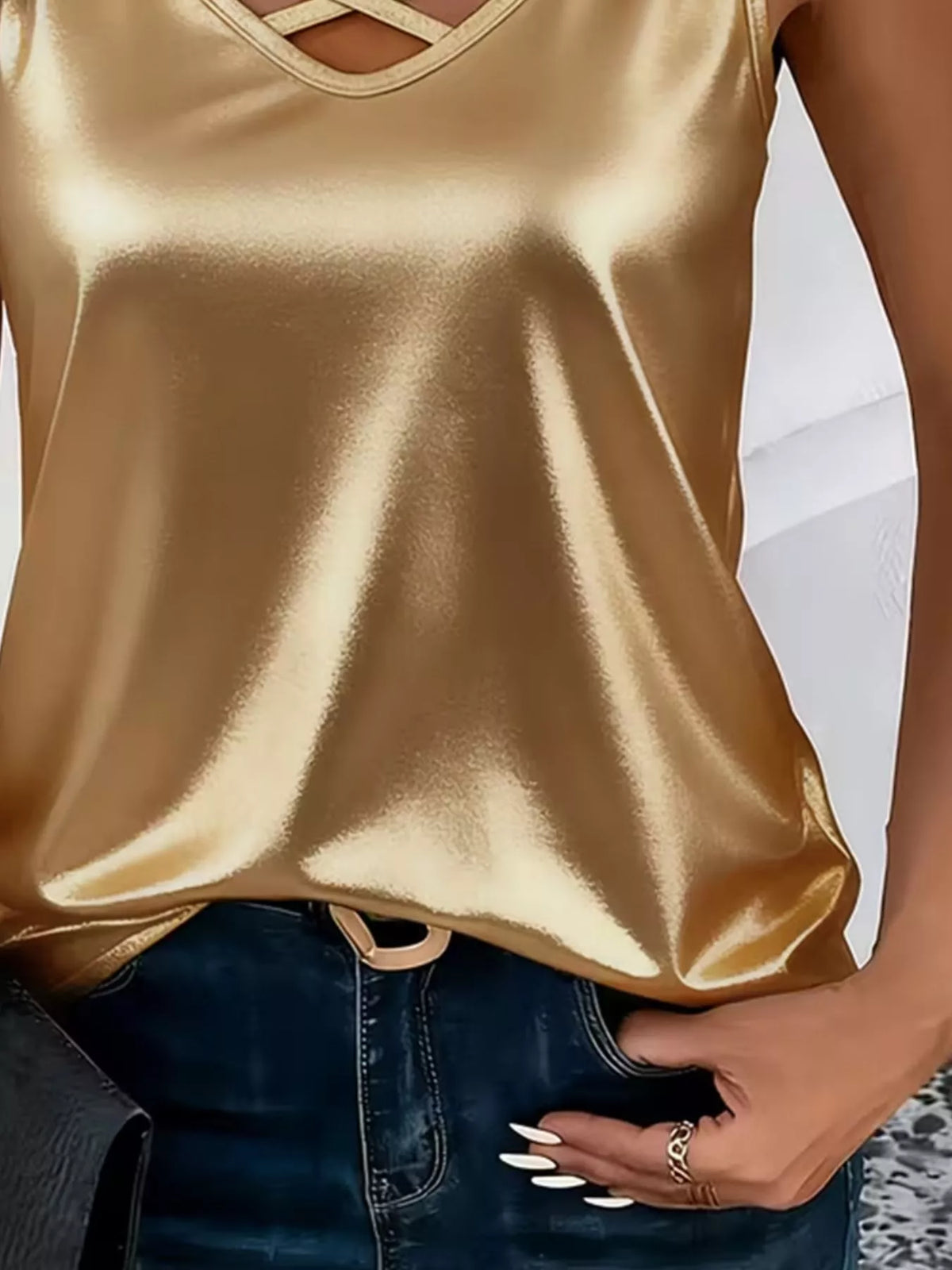 Trendsi Satin V-Neck Criss-Cross Tank -