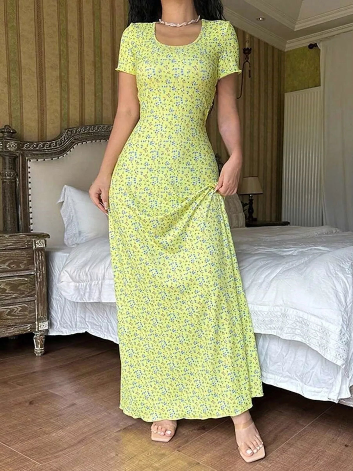 Short-Sleeve Tie-Back Maxi Dress in yellow floral, front view