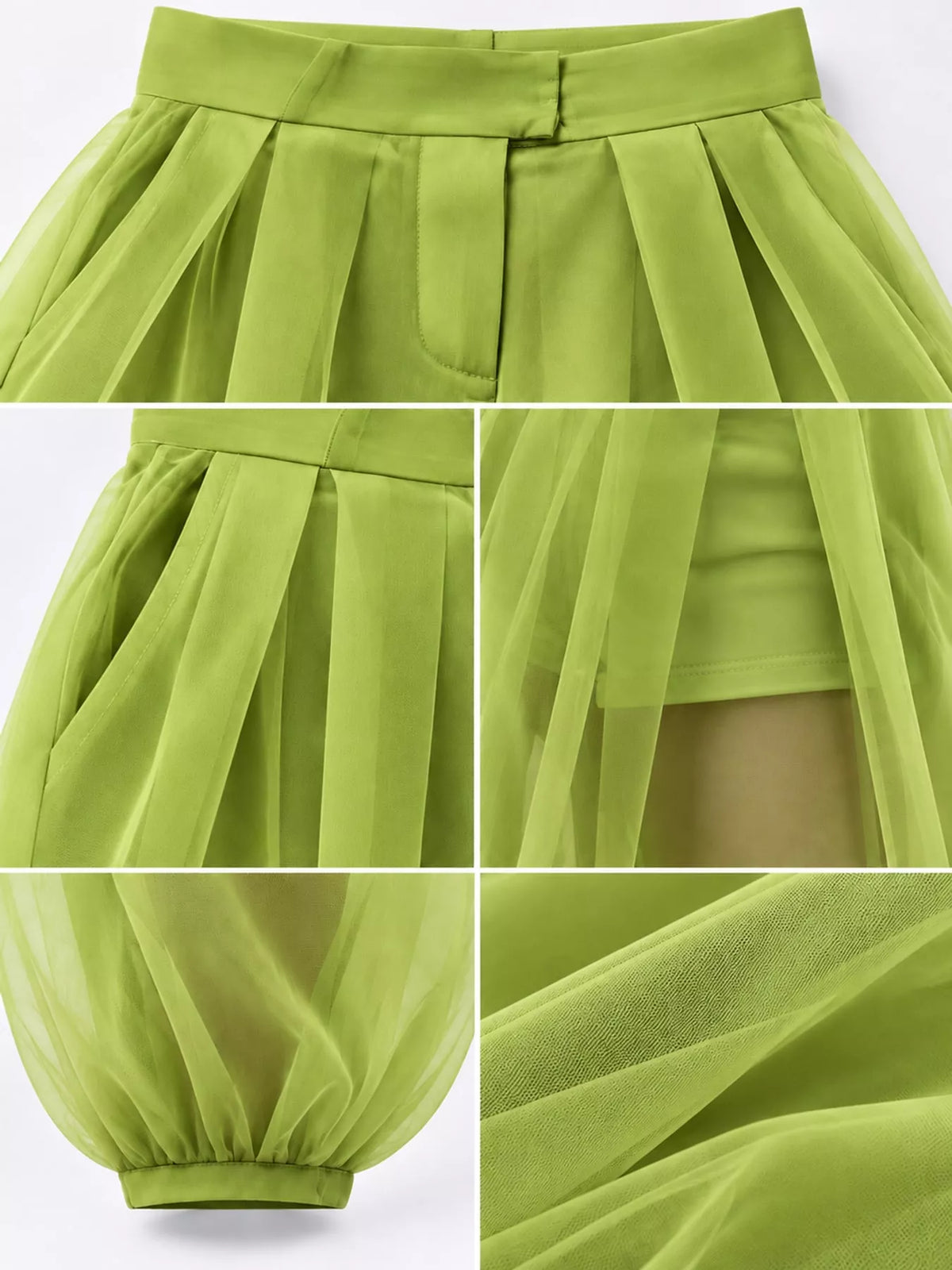High-Waisted Sheer Tulle Balloon Pants — garment construction details