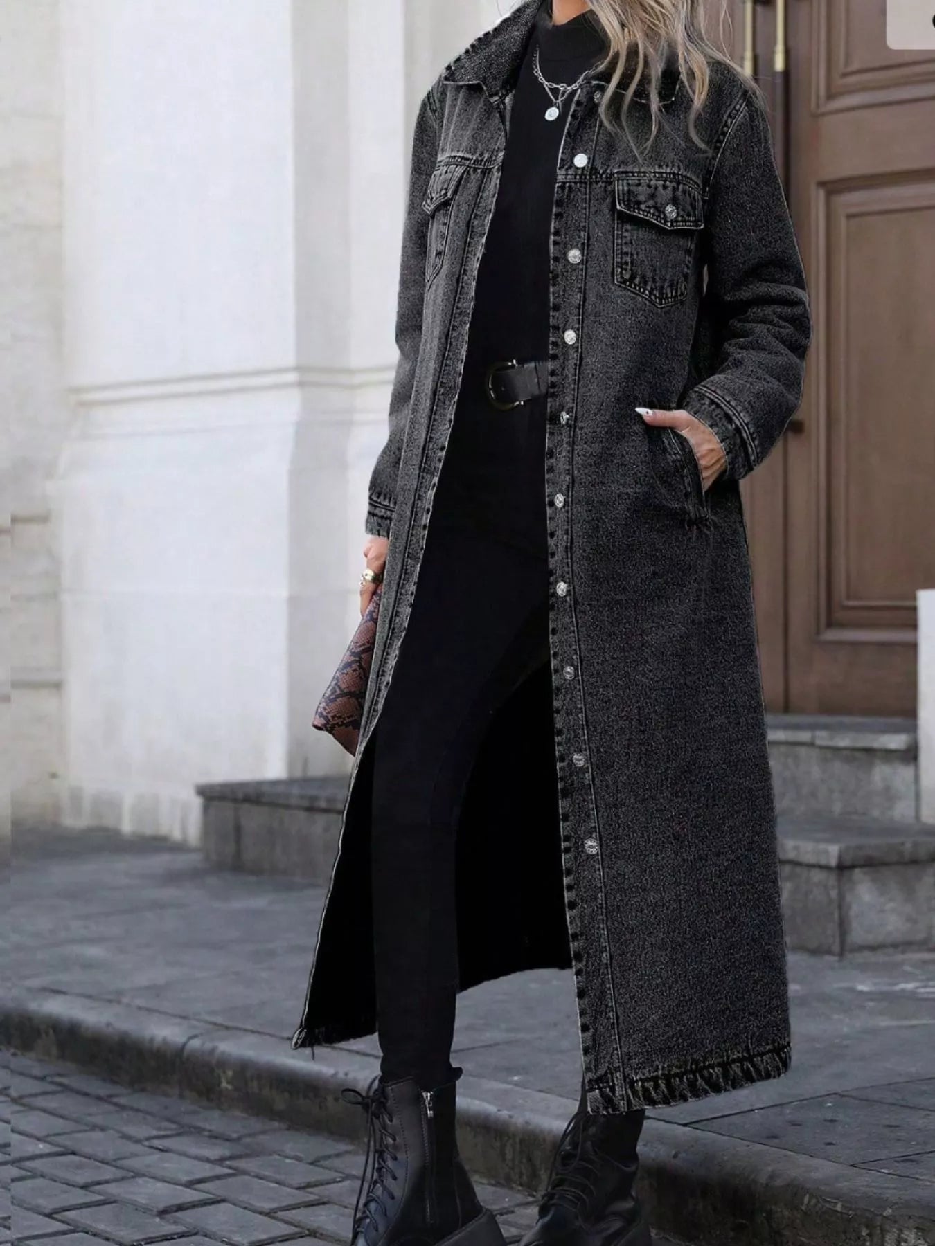 Trendsi Longline Button-Front Denim Jacket -