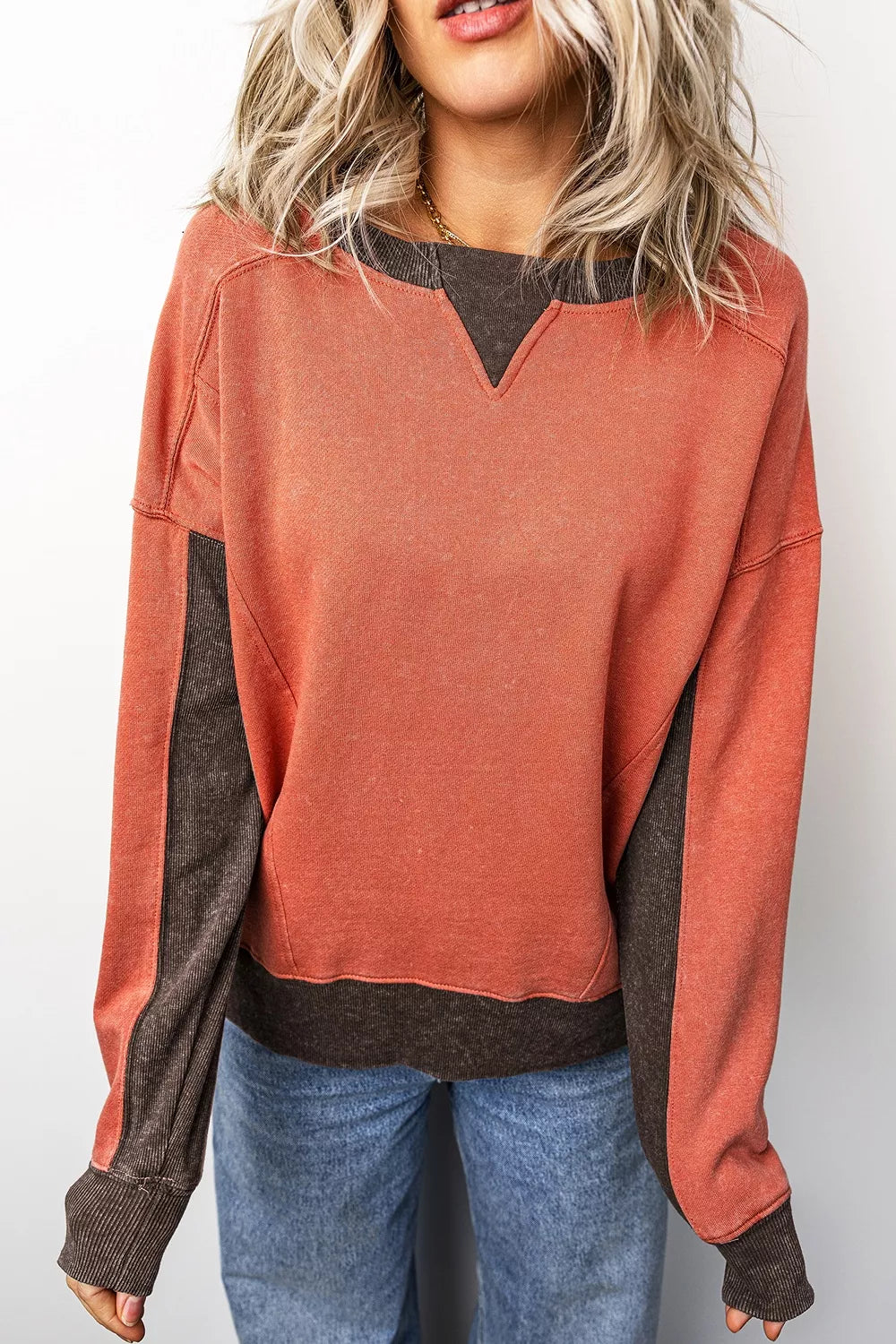 Color Block Long Sleeve Sweatshirt in orange, front view