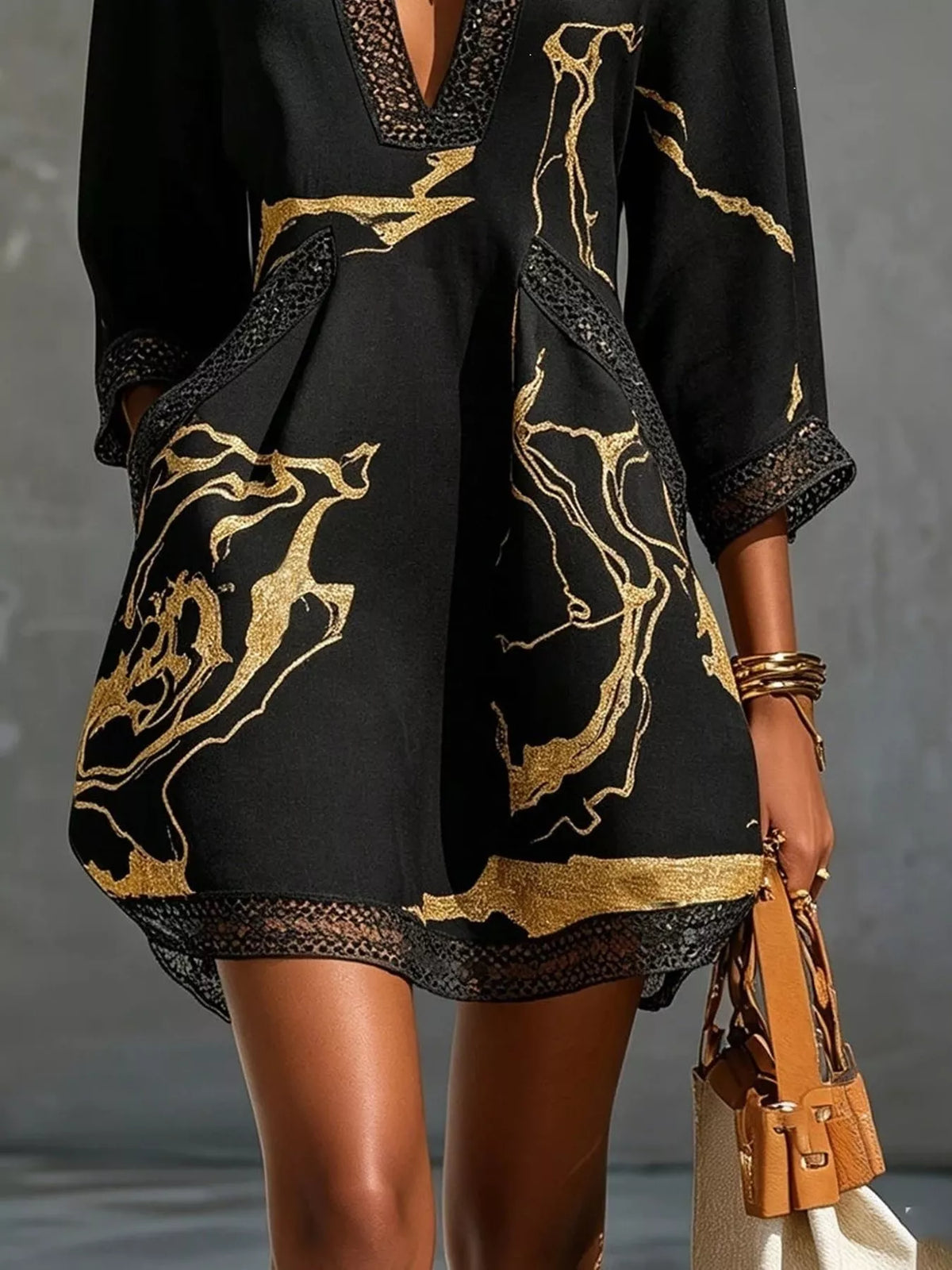 Black notched 3/4 sleeve mini dress, front pockets and sleeve trim