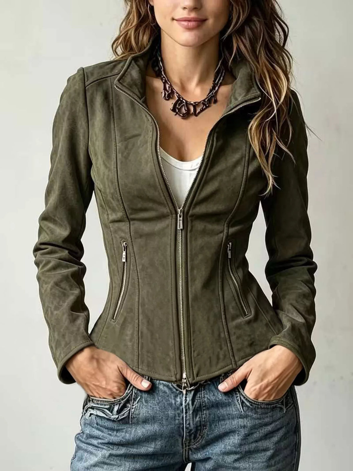 Army green slim-fit zip-up jacket