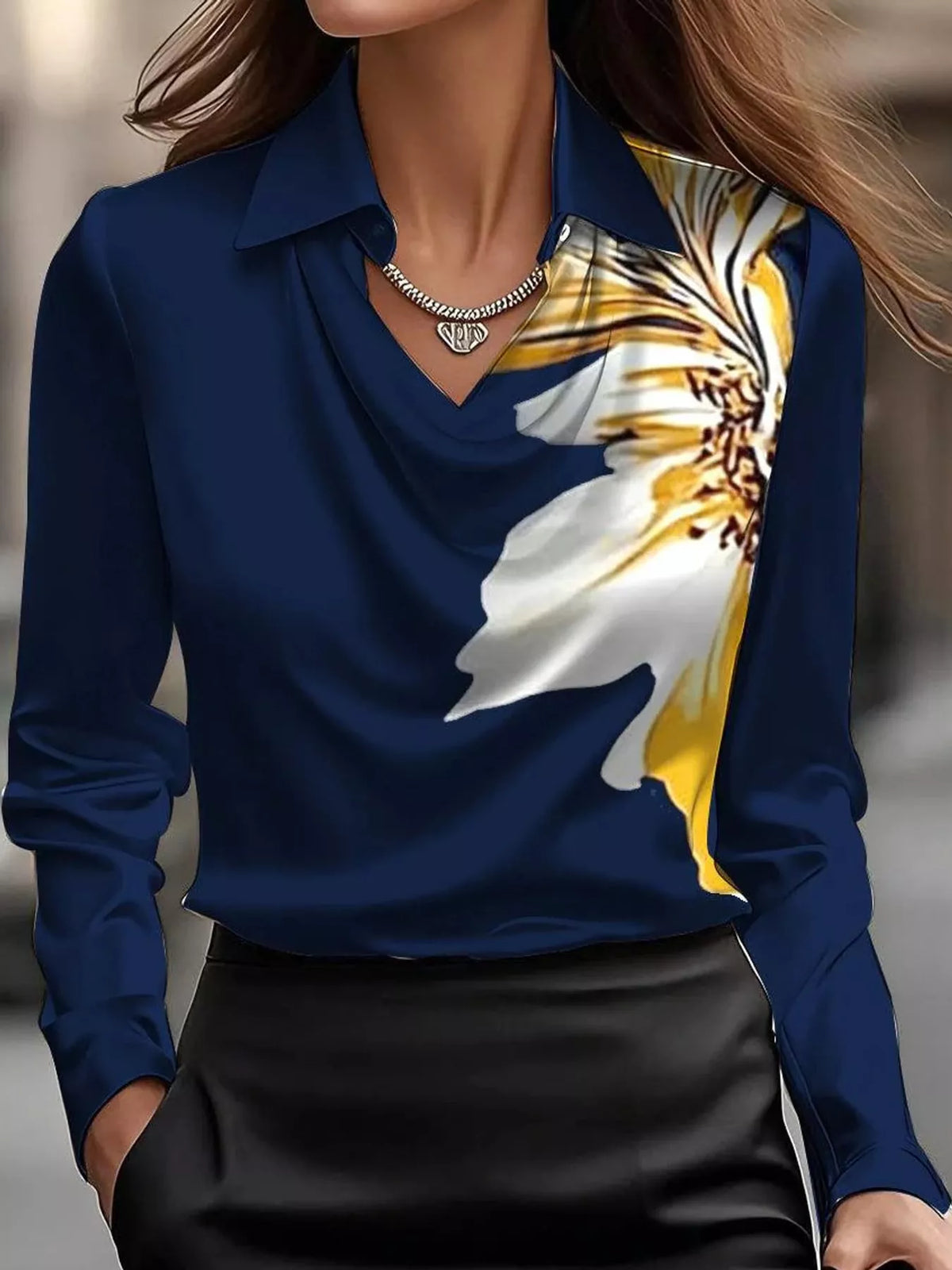 Navy-Print satin cowl neck blouse
