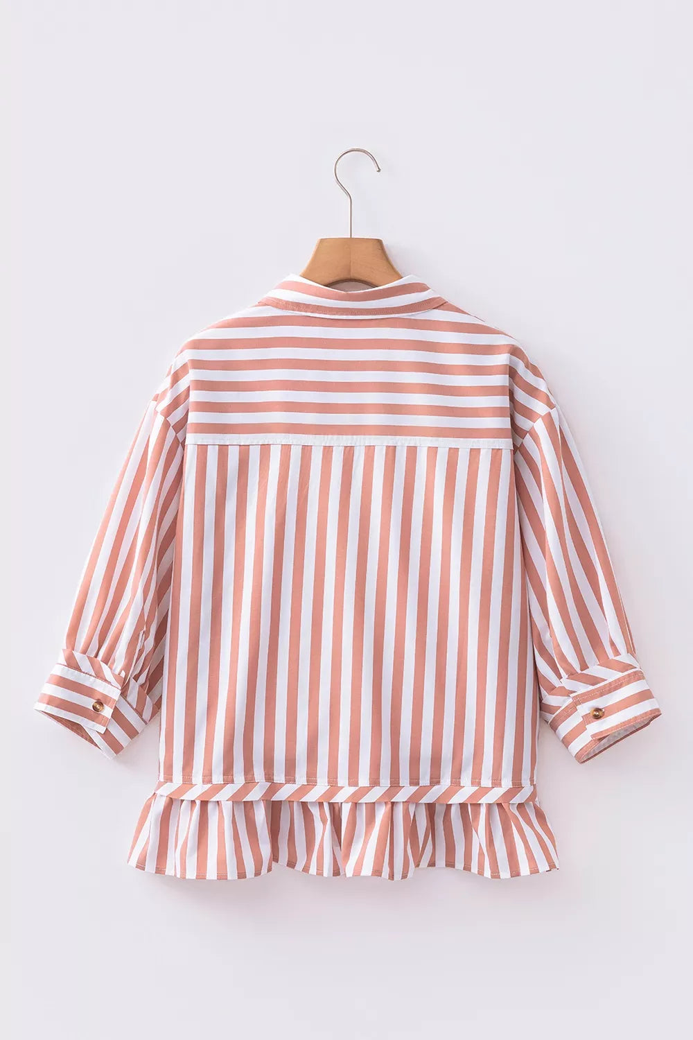Women's pale blush striped button-front bracelet sleeve ruffle hem shirt