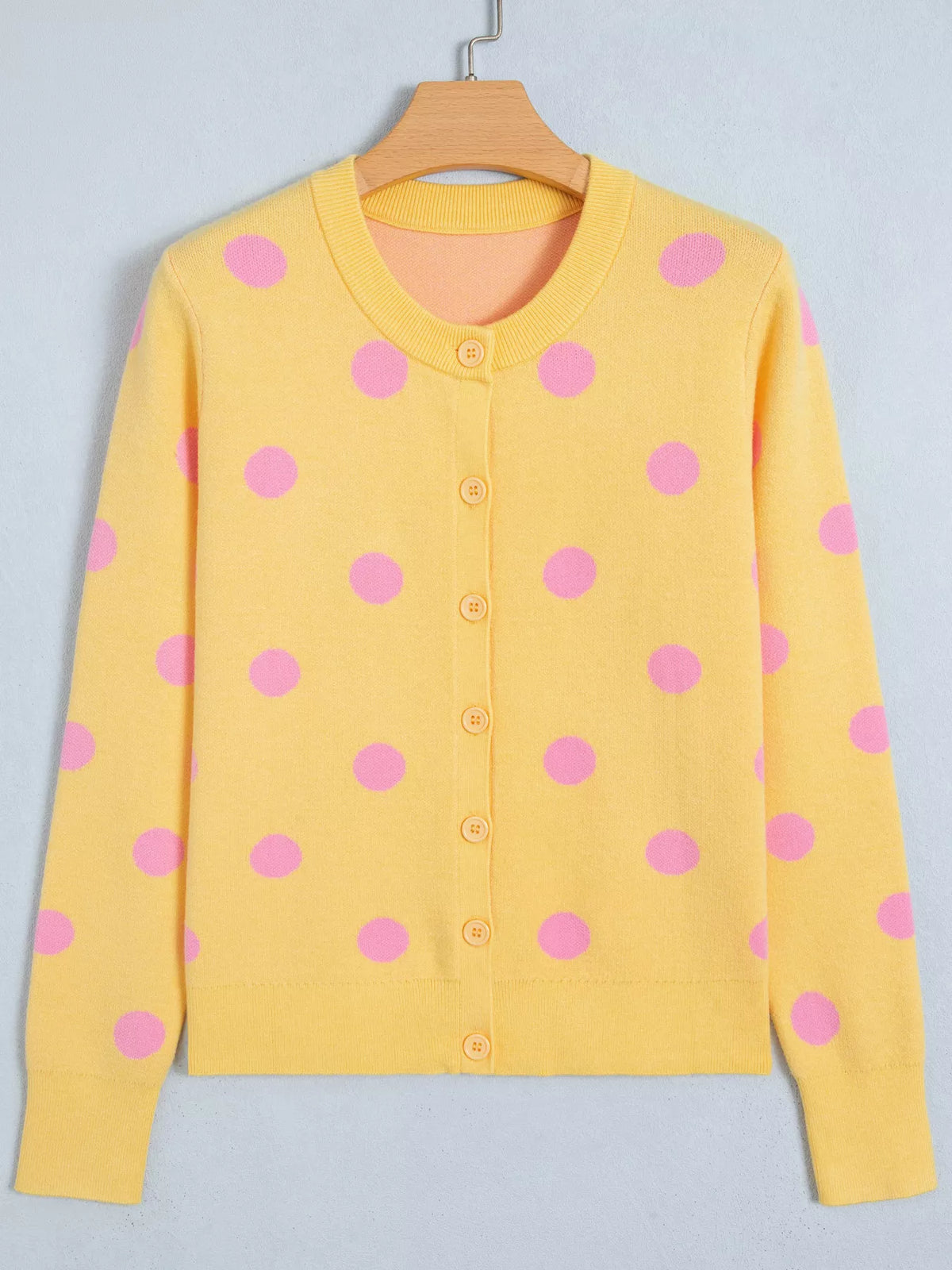 Polka Dot Button Front Long Sleeve Sweater Cardigan, front view