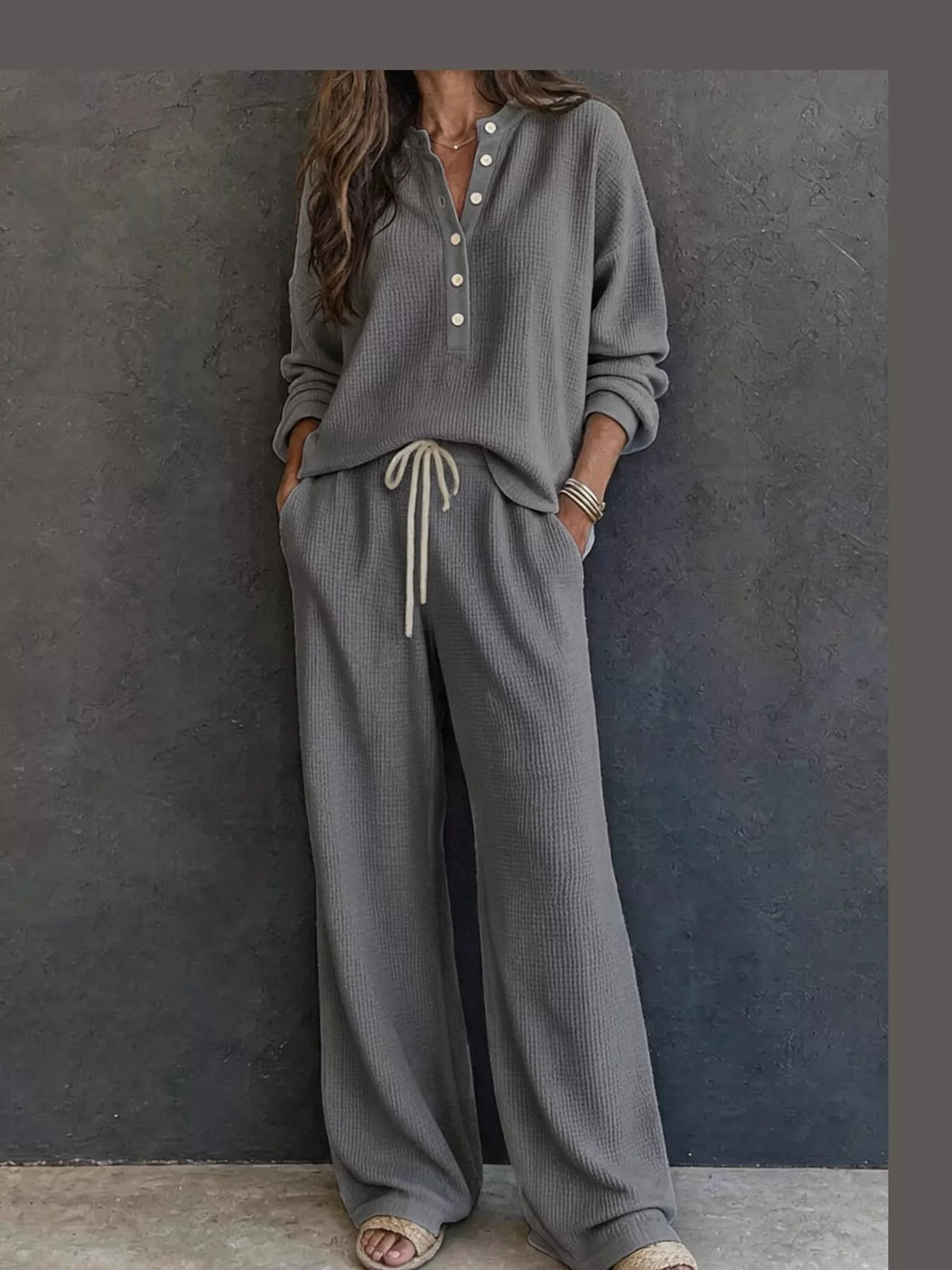 Gray waffle knit button detail top and pants set