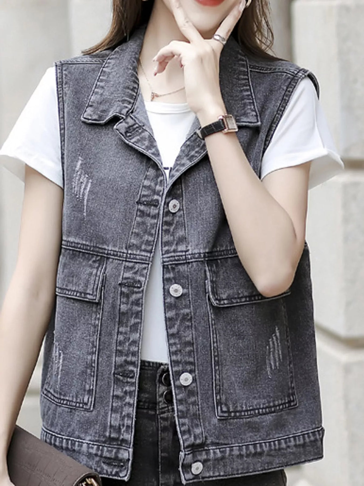 Distressed Washed Denim Vest, detail view in gray