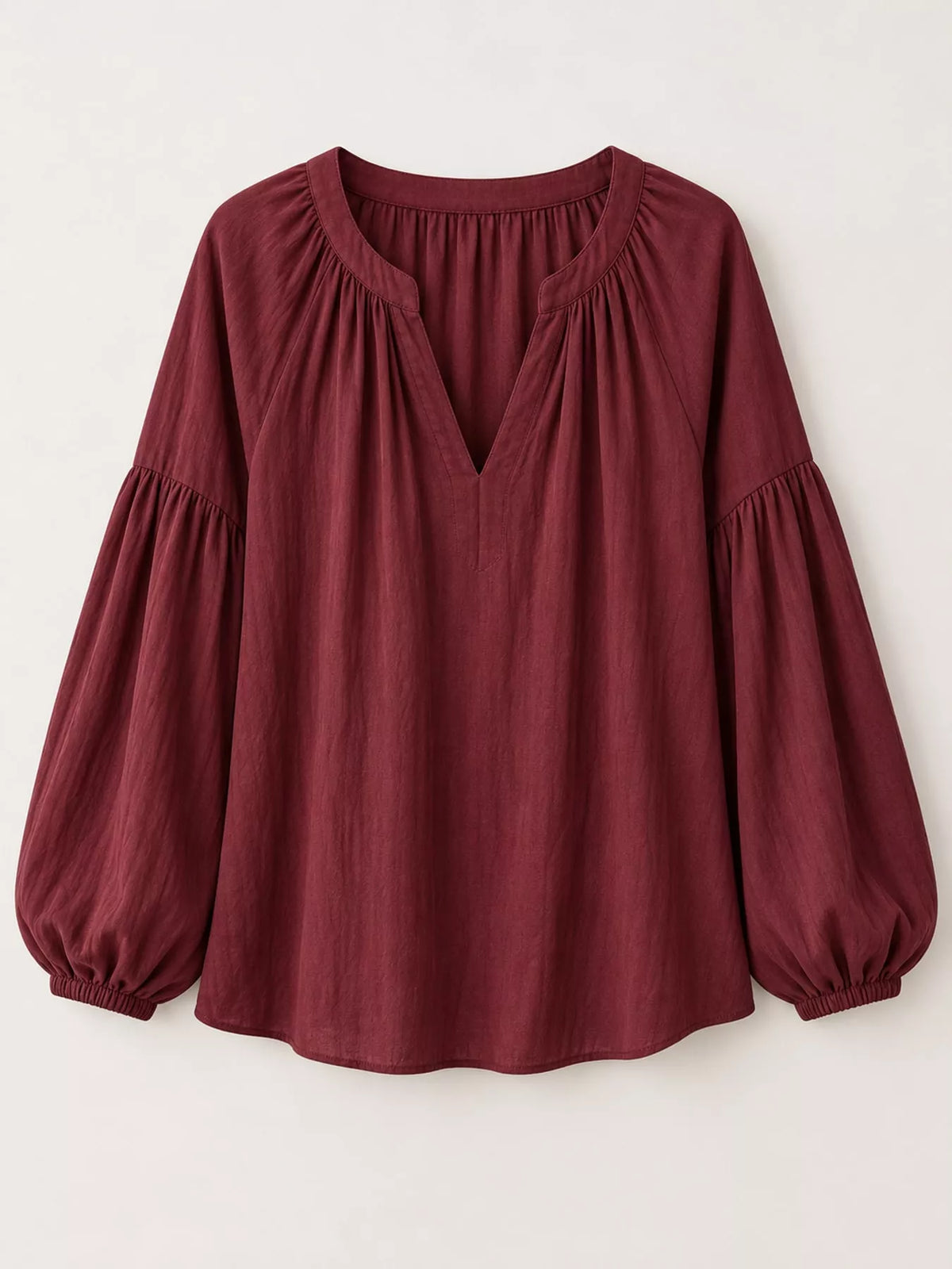 Notched Balloon Sleeve Blouse in burgundy, front view