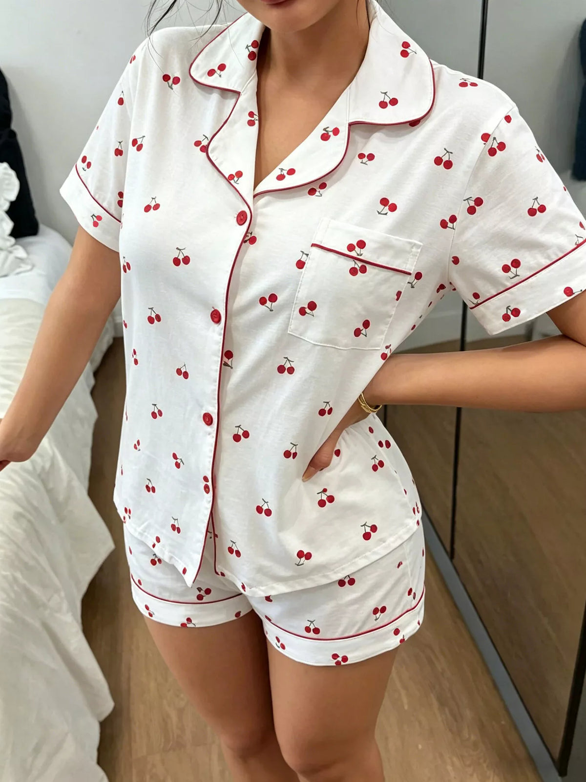 Trendsi Heart Print Button-Down Short Sleeve Top and Shorts Lounge Set -