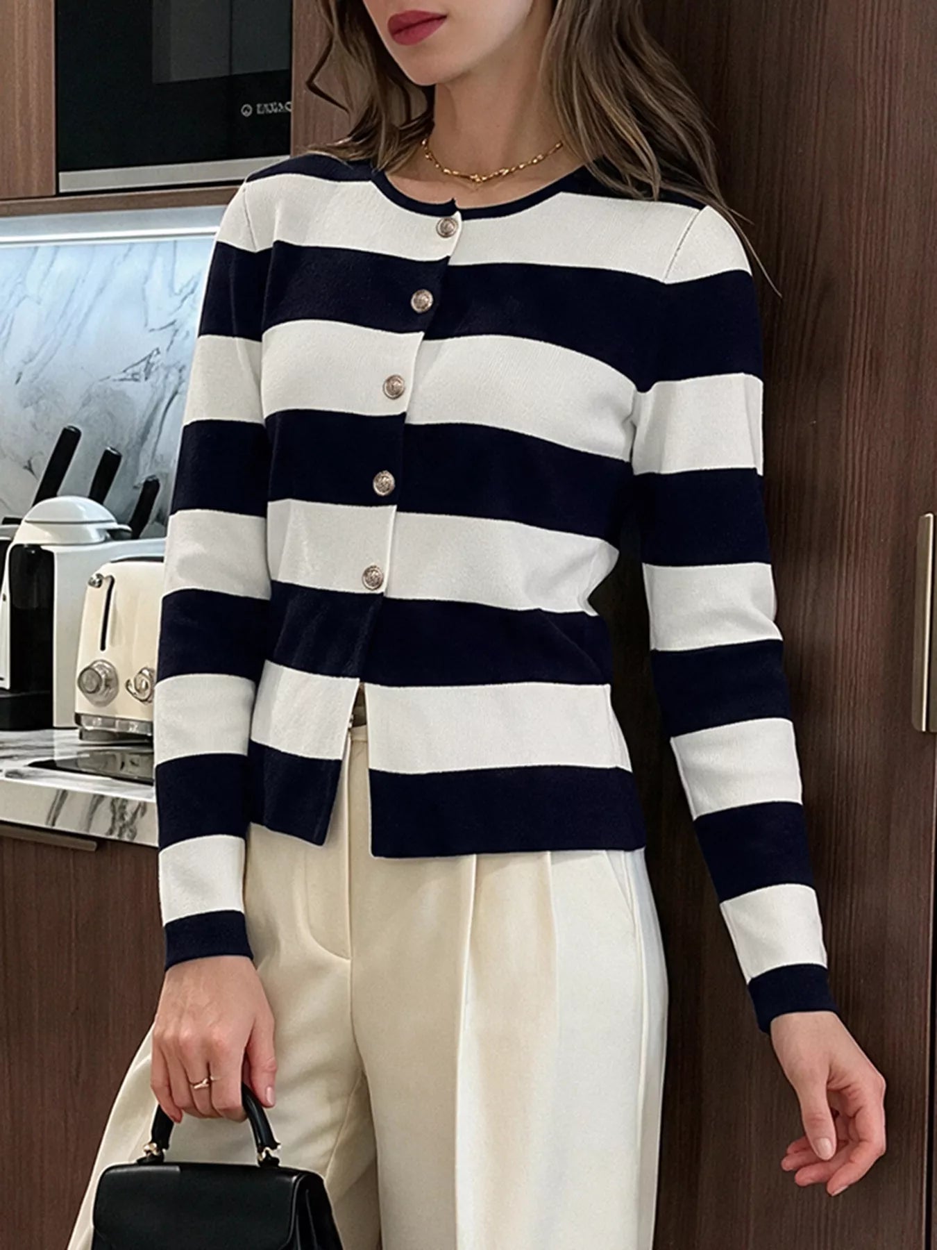 Trendsi Striped Button-Down Knit Cardigan -