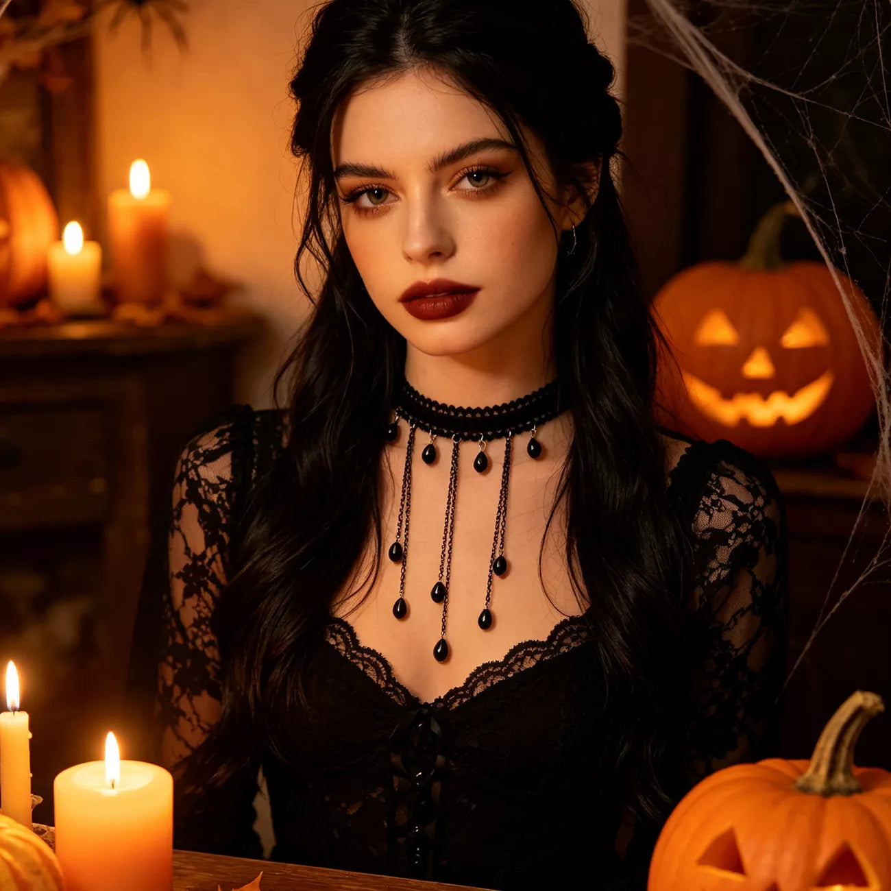 Trendsi Gothic Lace Choker Necklace with Teardrop Dangle Charms -