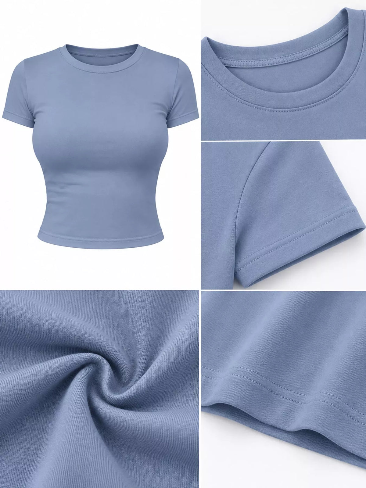 Dusty blue crew neck crop T-shirt, fabric and neckline detail collage