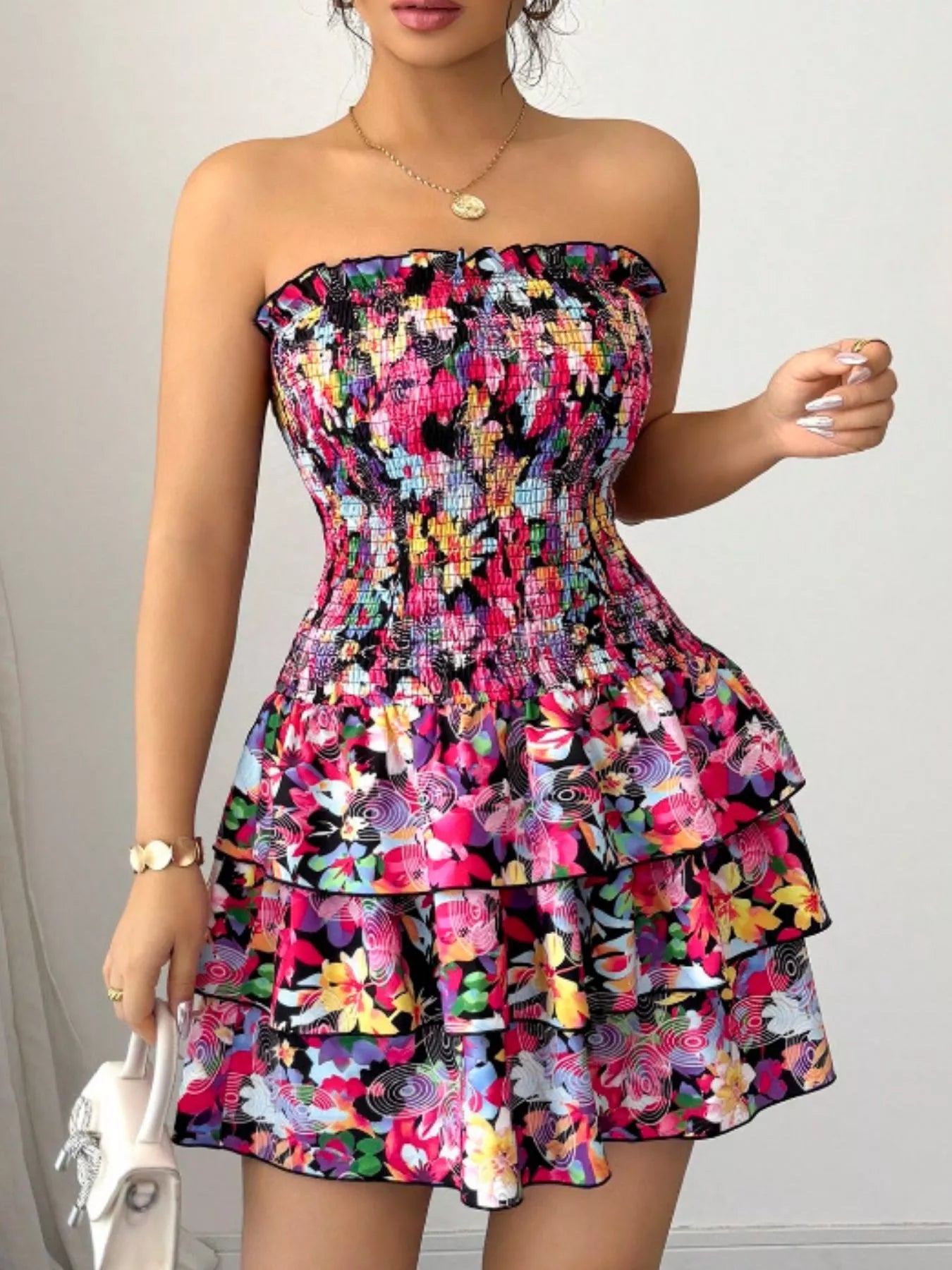 Trendsi Strapless Smocked Floral Tiered Mini Dress -