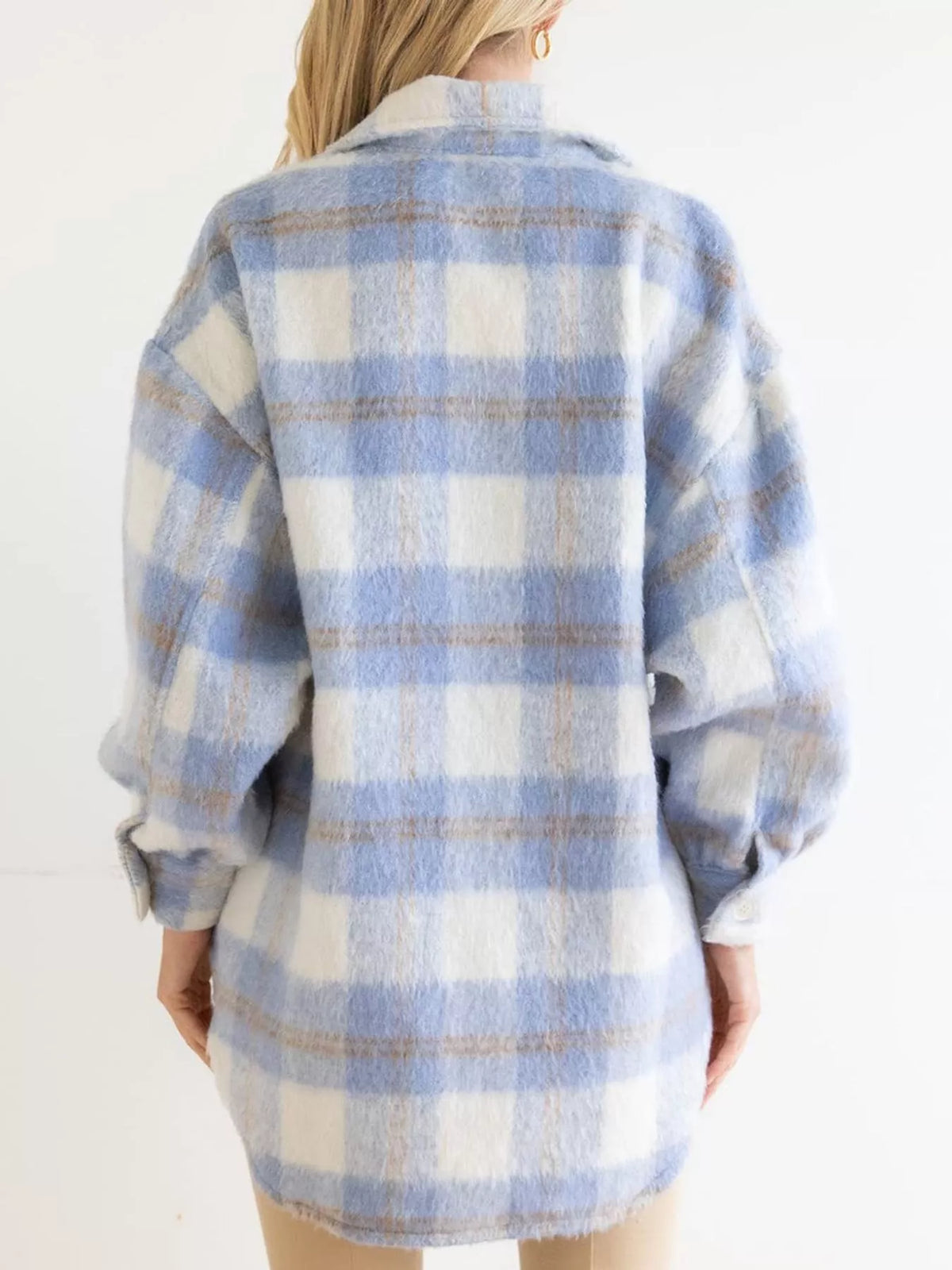 Blue and cream plaid button down jacket, back view