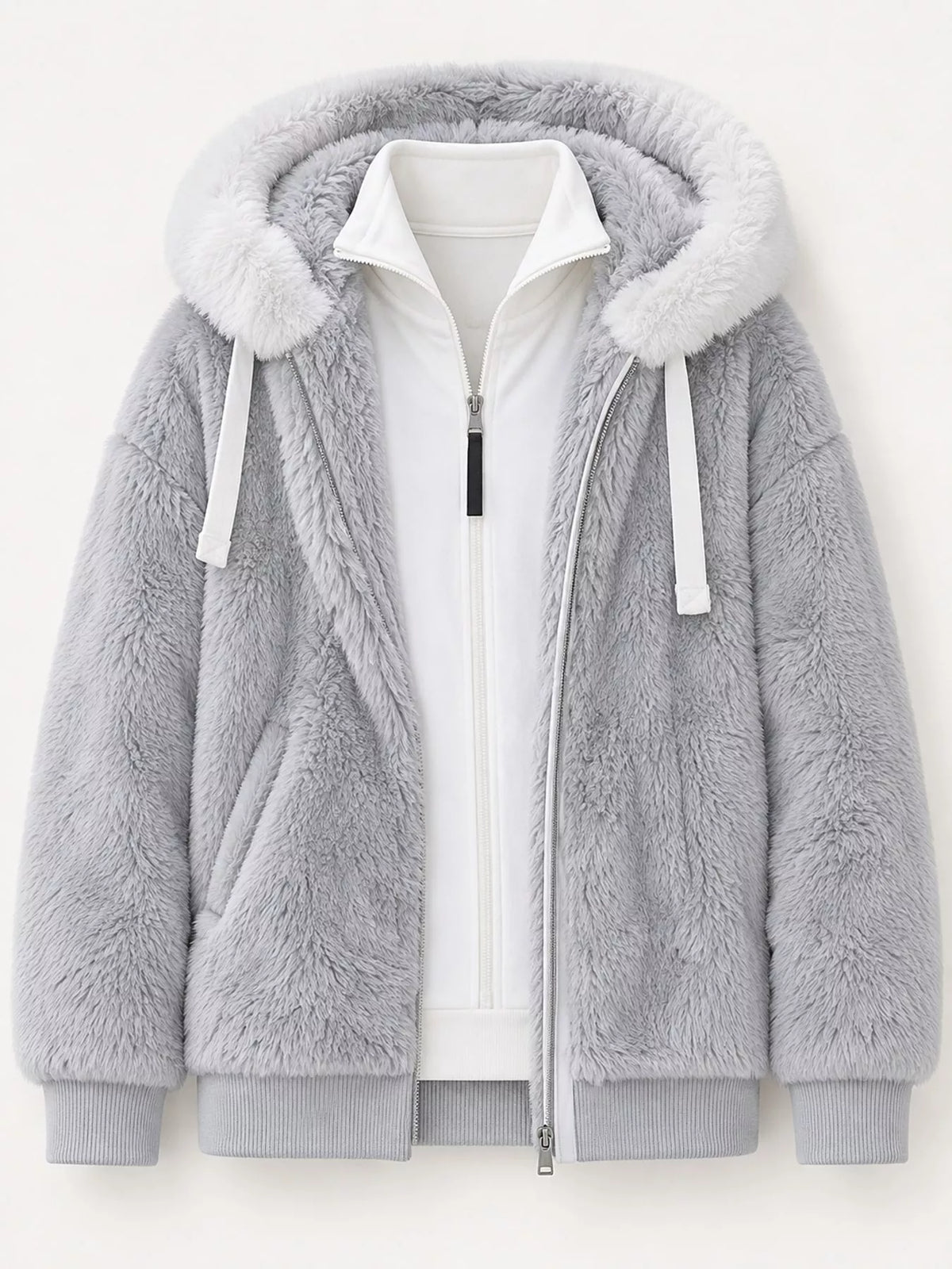Gray with white hood trim faux fur zip up hooded jacket, front view
