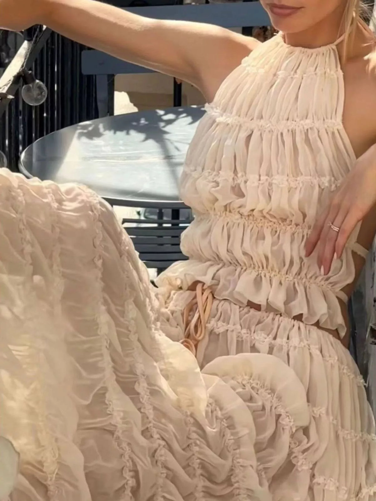 Halter top and skirt set, ivory seated front