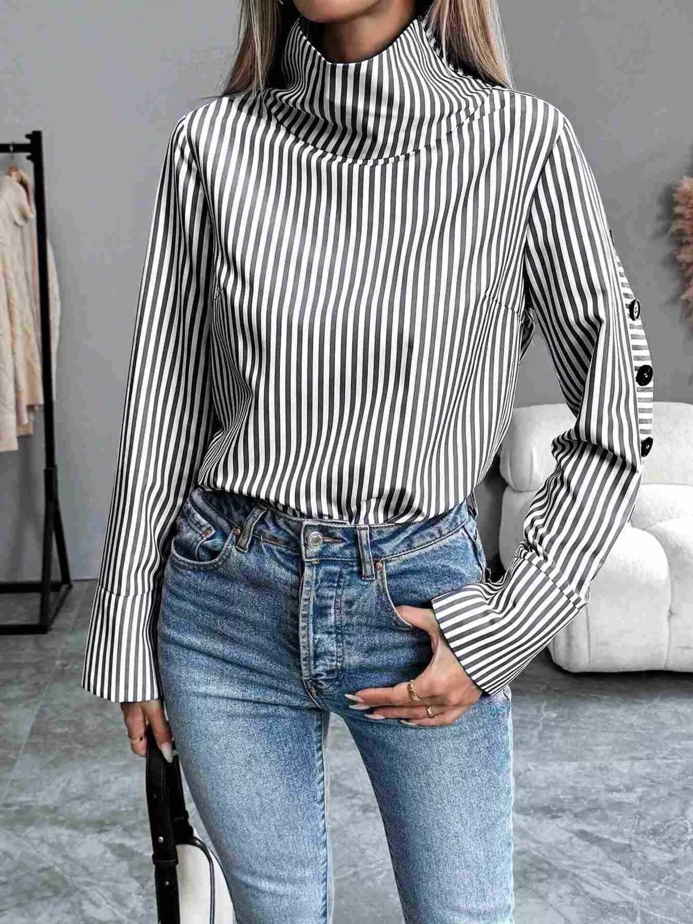 Trendsi Striped Turtleneck Long Sleeve Blouse -