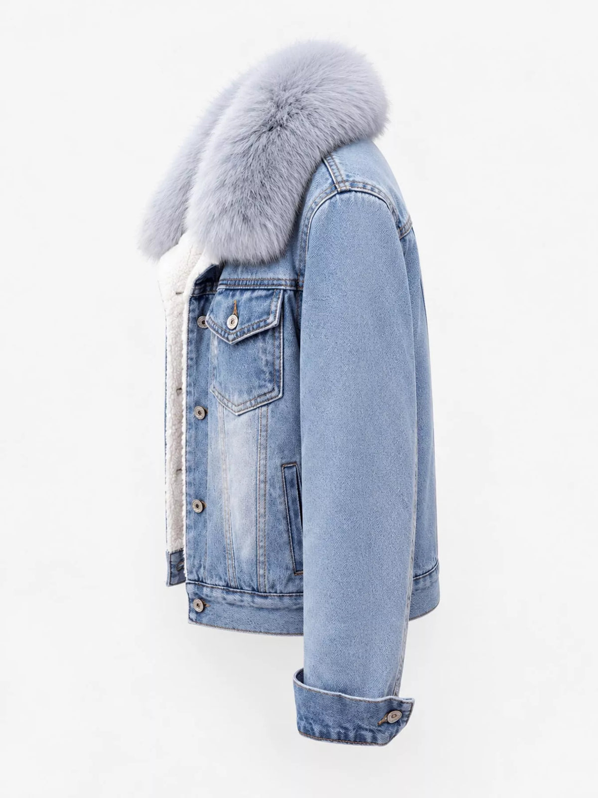 Light Blue distressed denim jacket with sherpa fleece lining