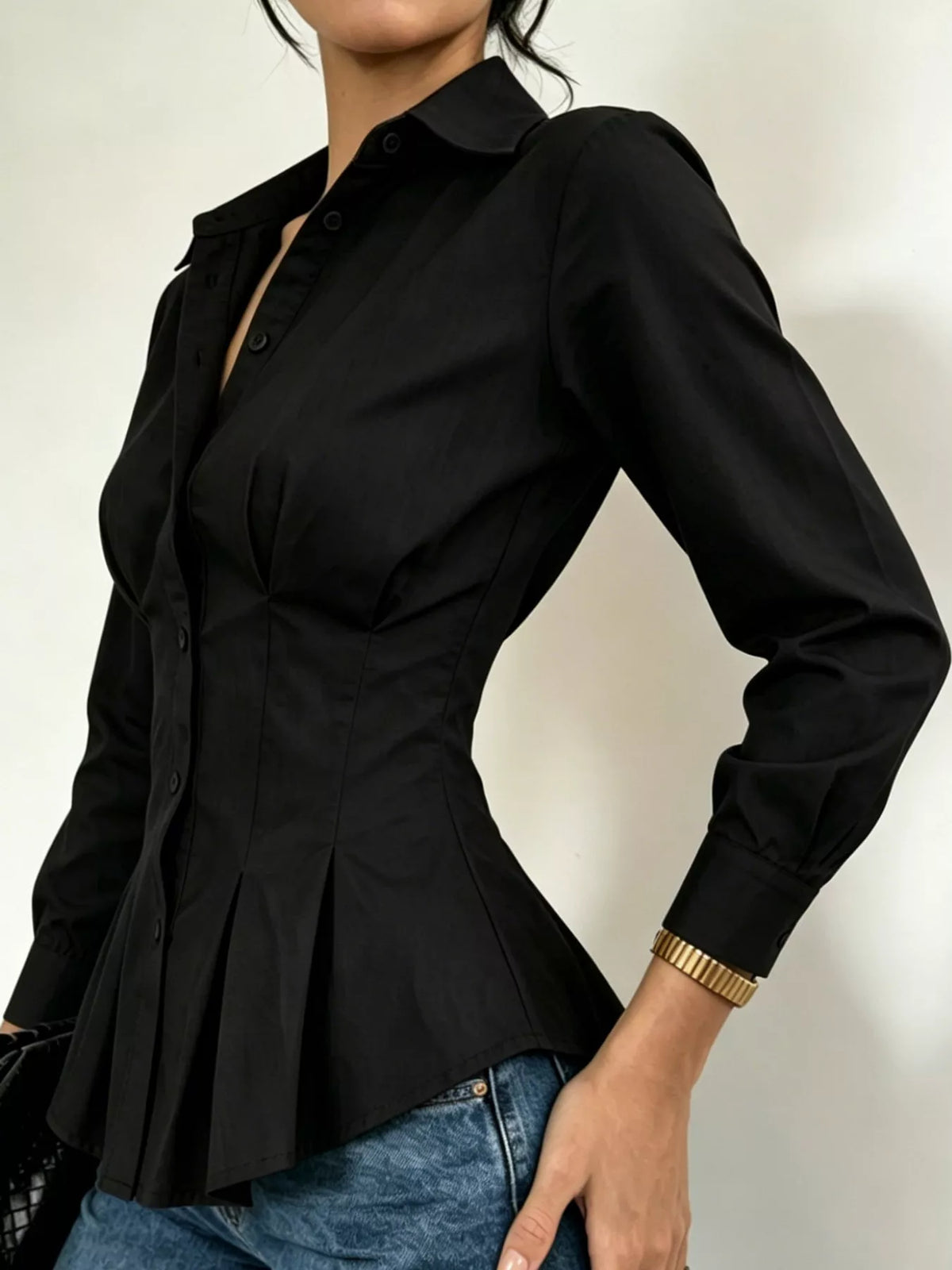 Button-Down Peplum Blouse with Fitted Waist, side view