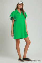 Trendsi Umgee Half Zip Ruffle Rib Band Butterfy Sleeve Mini Dress with Pockets -