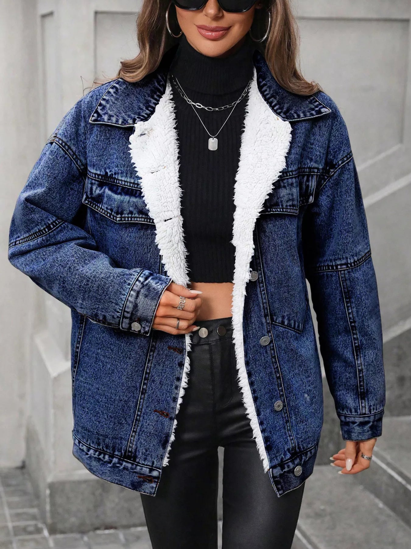 Trendsi Sherpa-Lined Button Up Denim Jacket -