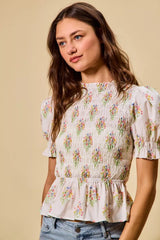 Trendsi SO ME Floral Cotton Smocked Short Sleeves Blouse -