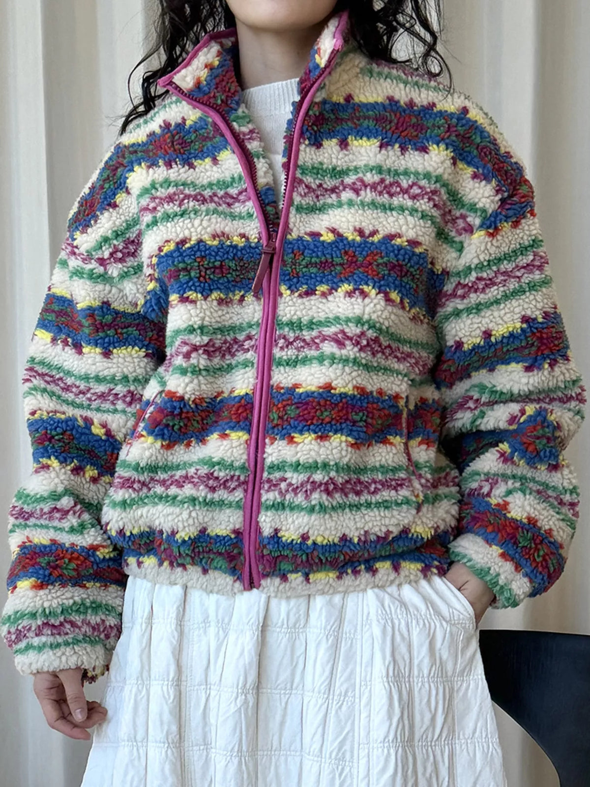 Multicolor colorful patterned sherpa zip up jacket, front view