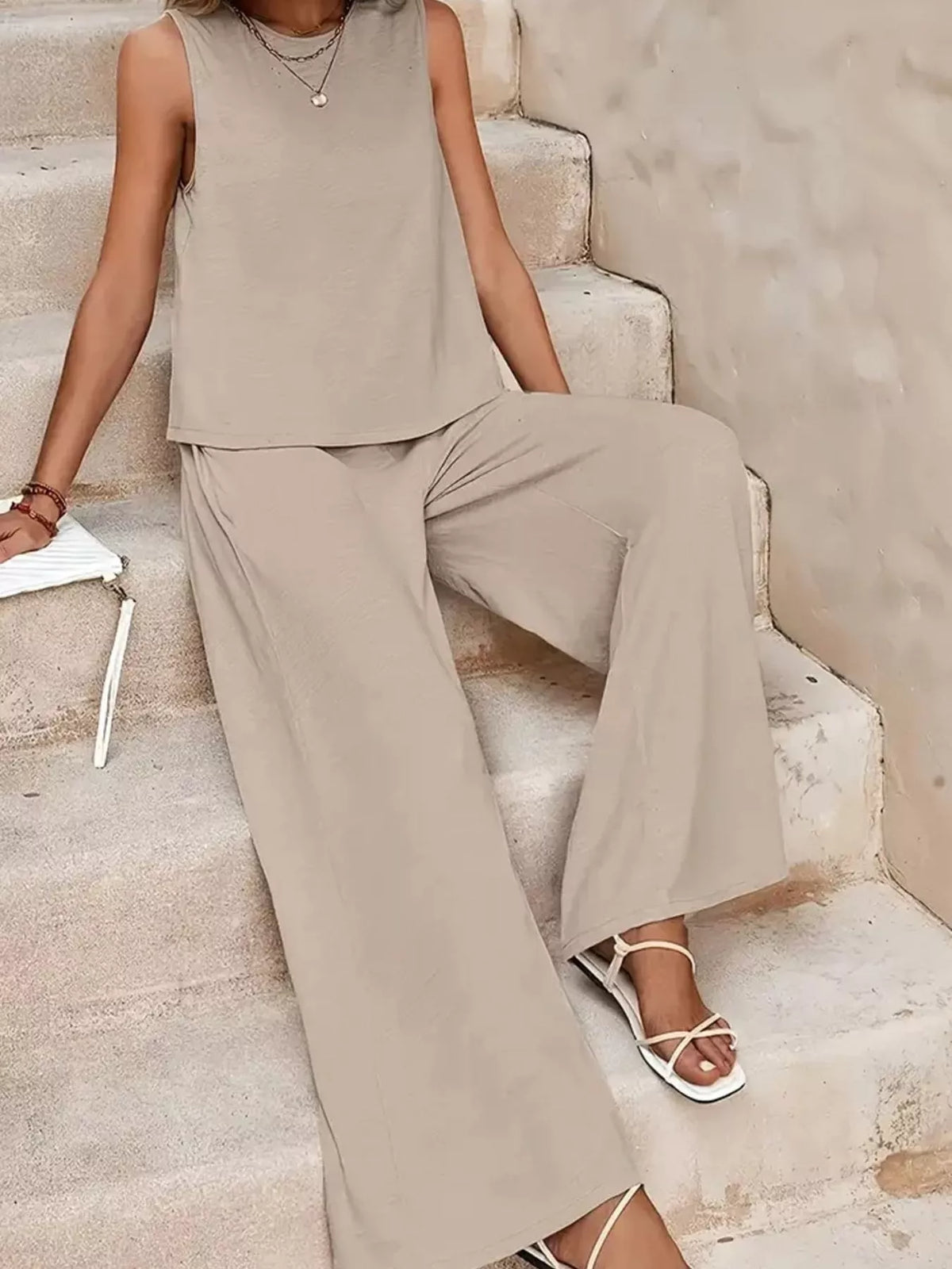 Sleeveless Tank Top and Wide-Leg Pants Set — front view