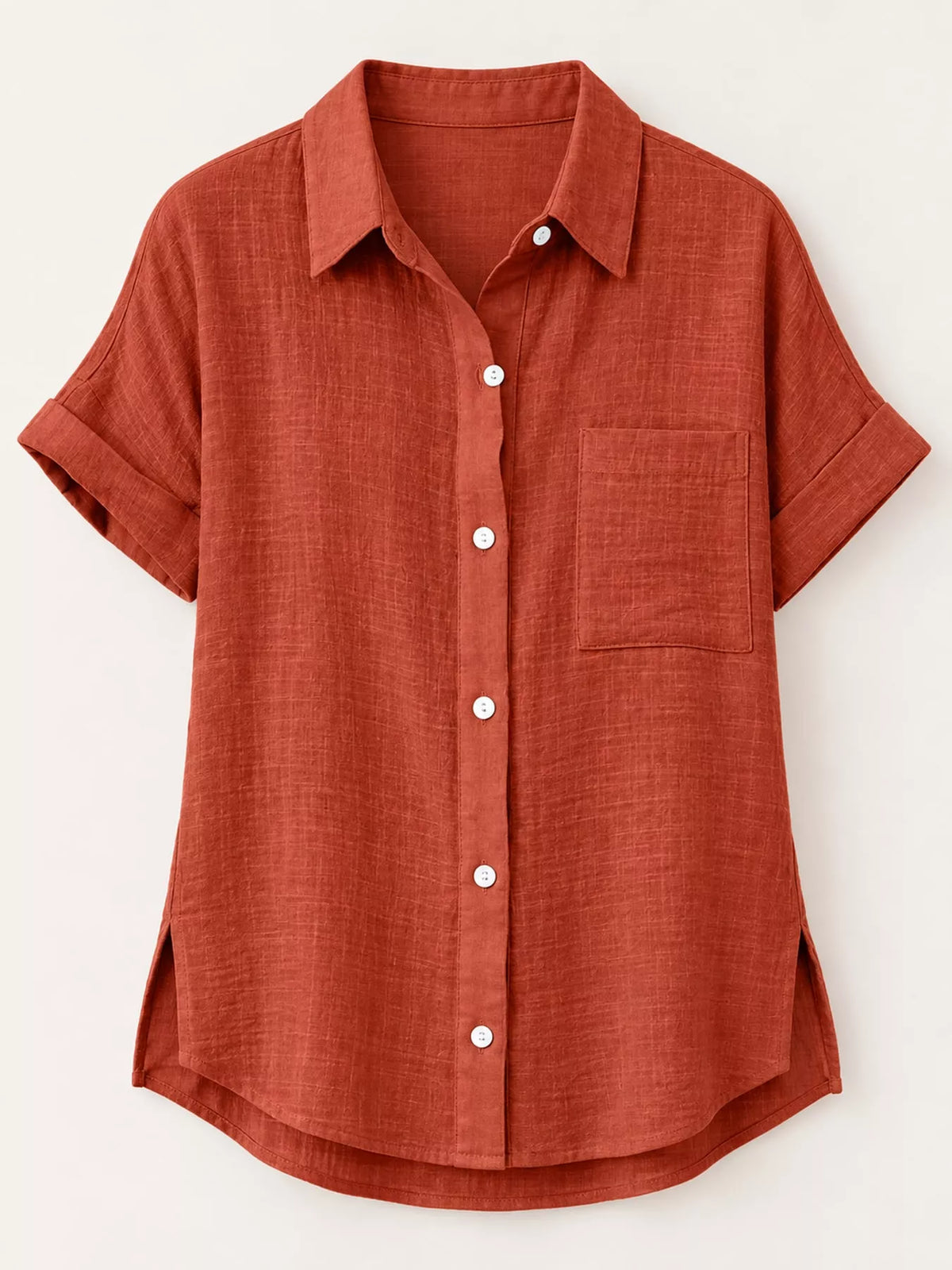 Women's Button Up Short Sleeve Shirt in rust — flat lay view