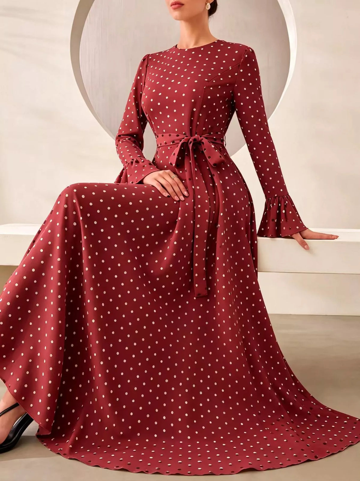 Polka Dot Long Sleeve Maxi Dress with Waist Tie in red and white
