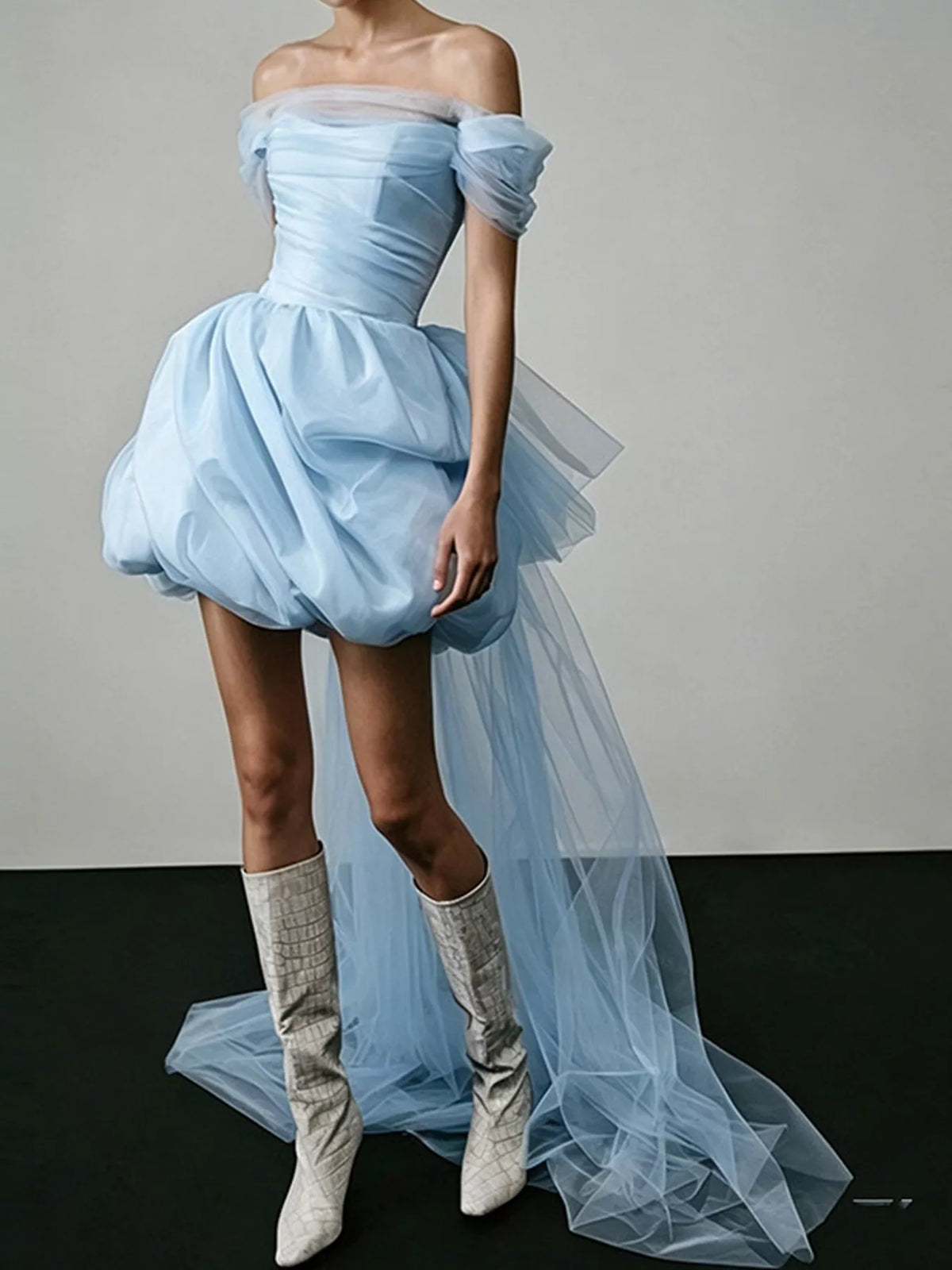 Women's Off-Shoulder Tulle Bubble Mini Dress in light blue — front view