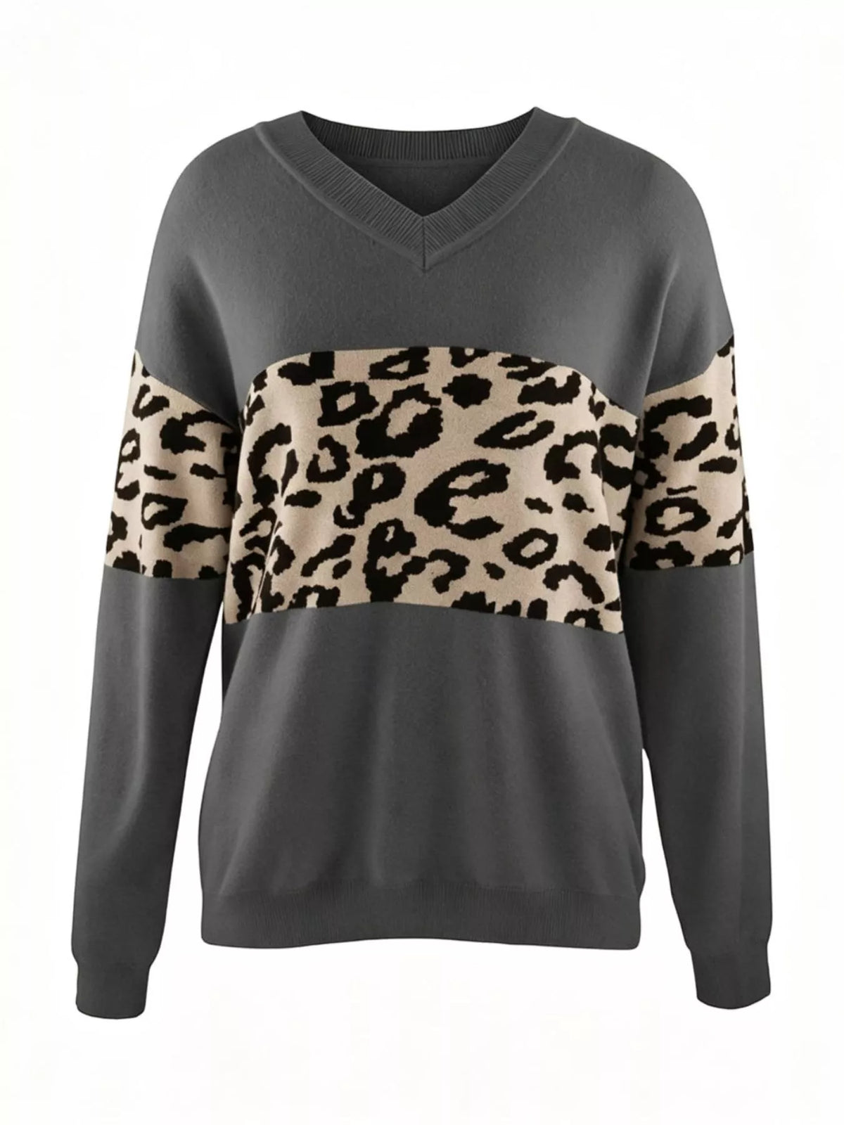 Dark gray leopard v-neck dropped shoulder sweater