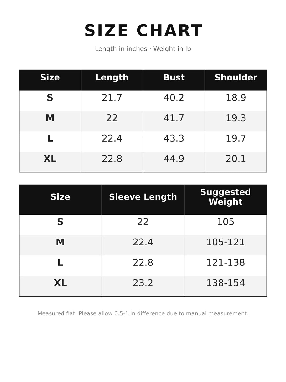 Zip-Up Long Sleeve Denim Jacket — size and measurement chart