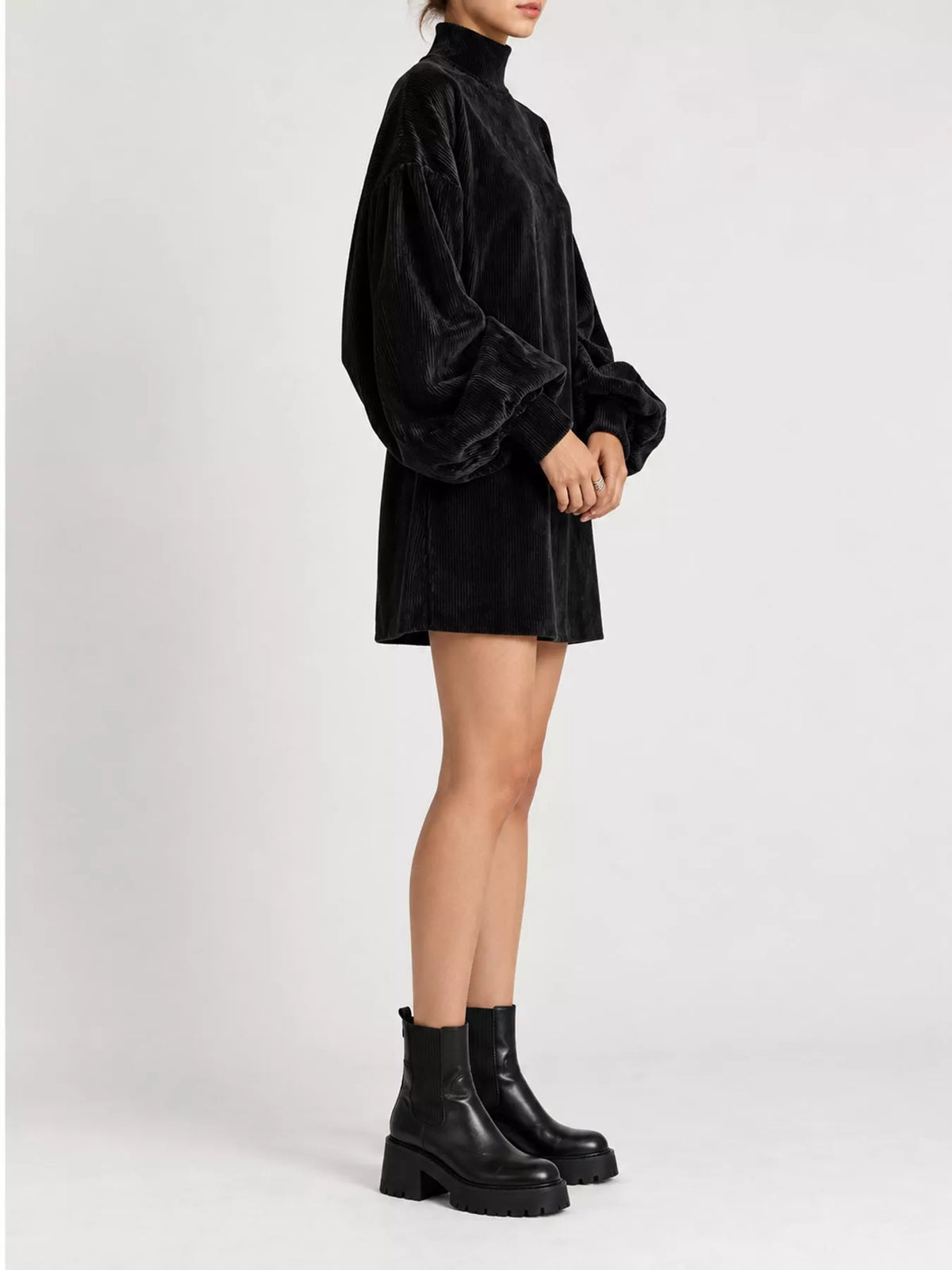 Black corduroy mock neck lantern sleeve mini dress